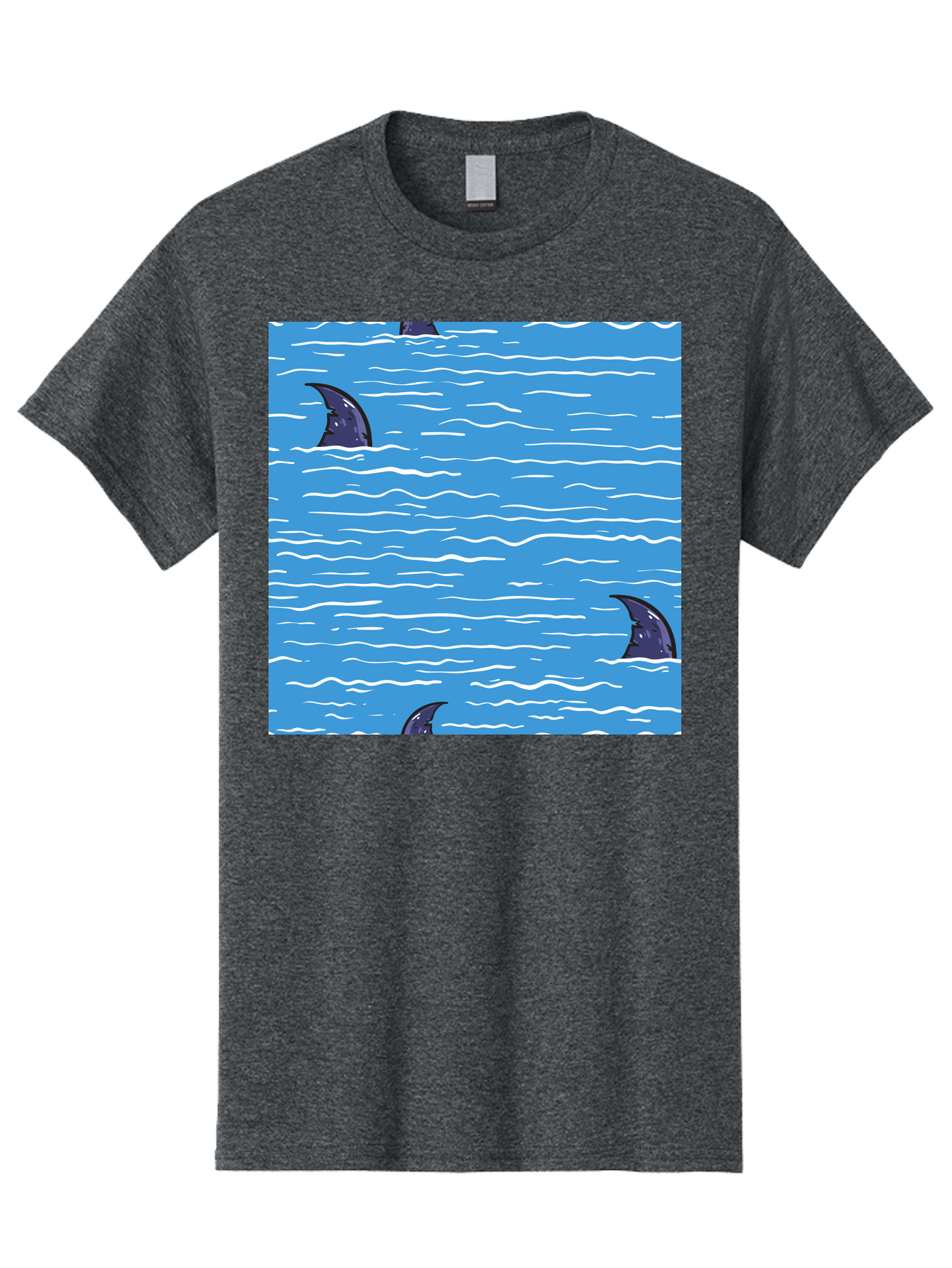 Shark-Fins Men'S Graphic Tee, 100% Cotton, Comfortable Casual Summer Wear, Machine Washable, Shark Fins In Water, Ocean Fins, Shark Attack, Marine Life, Blue Ocean, Wavy Sea, Shark Danger, Aquatic Scene Aac420