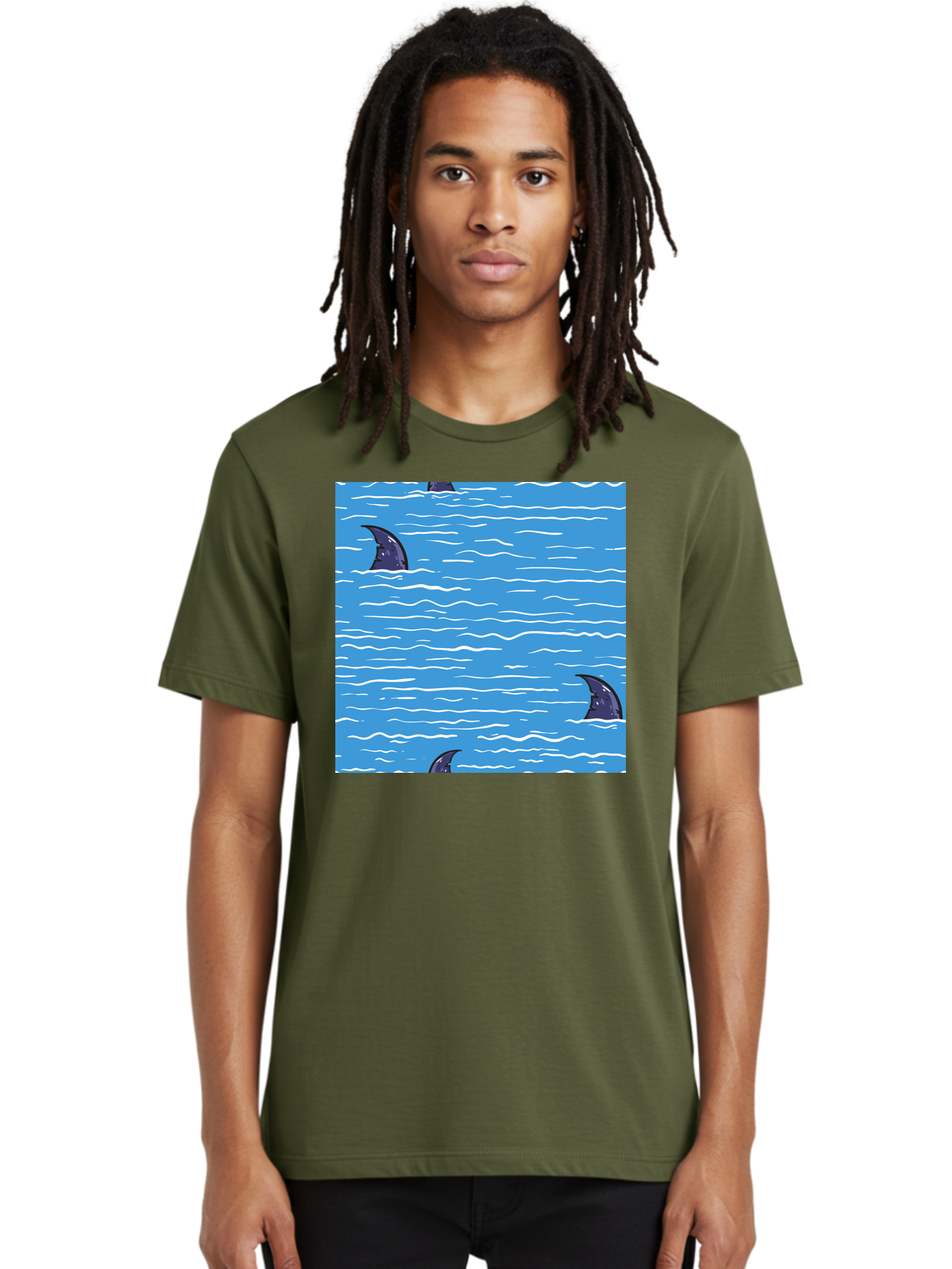 Shark-Fins Men'S Graphic Tee, 100% Cotton, Comfortable Casual Summer Wear, Machine Washable, Shark Fins In Water, Ocean Fins, Shark Attack, Marine Life, Blue Ocean, Wavy Sea, Shark Danger, Aquatic Scene Aac420