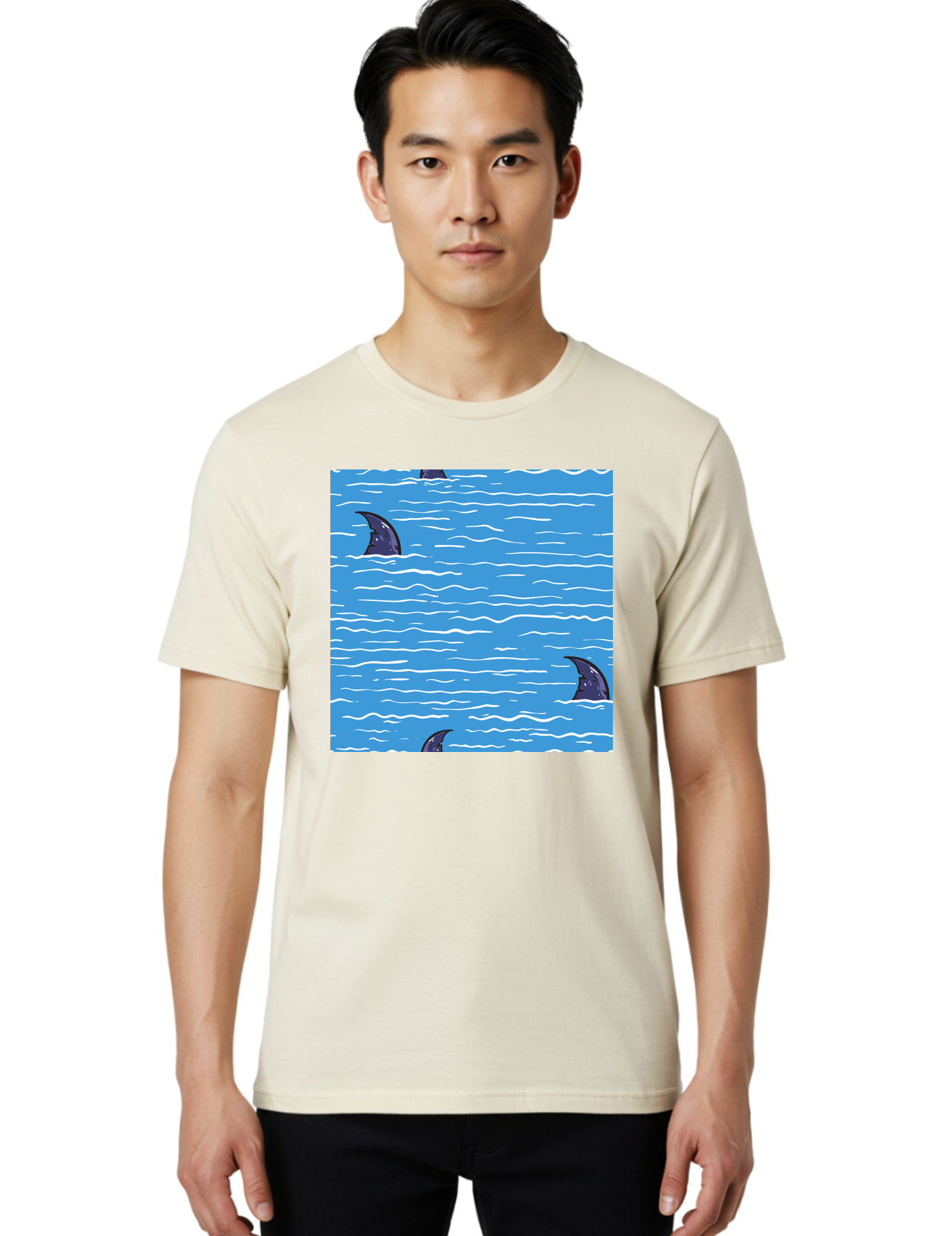 Shark-Fins Men'S Graphic Tee, 100% Cotton, Comfortable Casual Summer Wear, Machine Washable, Shark Fins In Water, Ocean Fins, Shark Attack, Marine Life, Blue Ocean, Wavy Sea, Shark Danger, Aquatic Scene Aac420