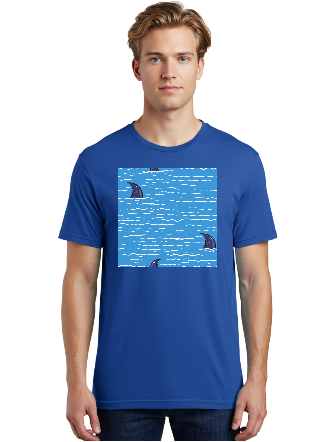 Shark-Fins Men'S Graphic Tee, 100% Cotton, Comfortable Casual Summer Wear, Machine Washable, Shark Fins In Water, Ocean Fins, Shark Attack, Marine Life, Blue Ocean, Wavy Sea, Shark Danger, Aquatic Scene Aac420