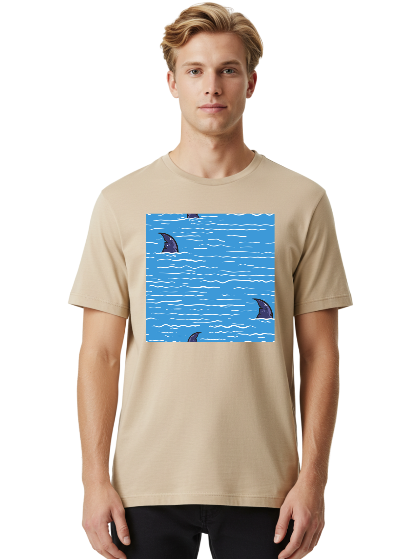 Shark-Fins Men'S Graphic Tee, 100% Cotton, Comfortable Casual Summer Wear, Machine Washable, Shark Fins In Water, Ocean Fins, Shark Attack, Marine Life, Blue Ocean, Wavy Sea, Shark Danger, Aquatic Scene Aac420