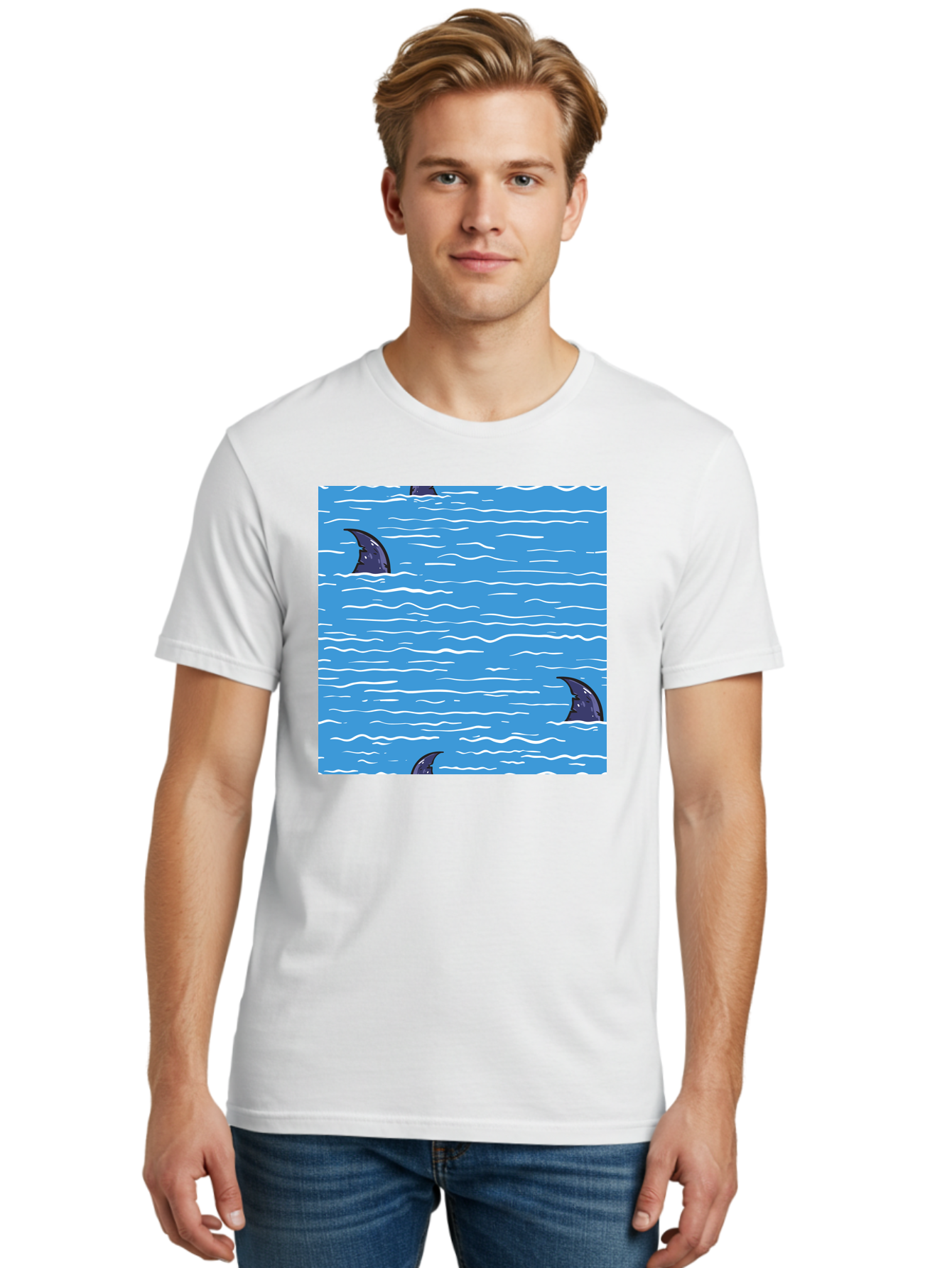 Shark-Fins Men'S Graphic Tee, 100% Cotton, Comfortable Casual Summer Wear, Machine Washable, Shark Fins In Water, Ocean Fins, Shark Attack, Marine Life, Blue Ocean, Wavy Sea, Shark Danger, Aquatic Scene Aac420