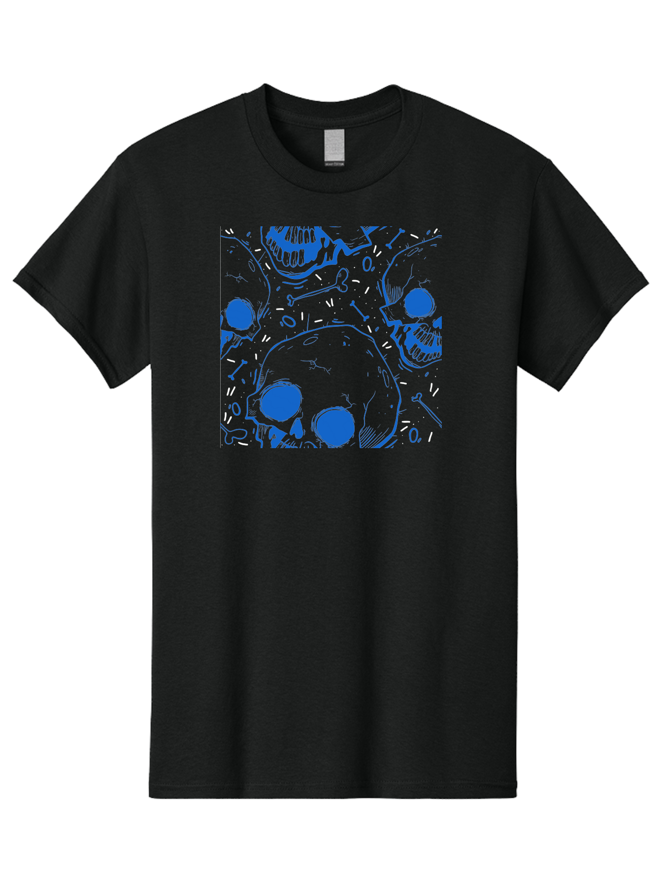 Skulls-And-Bones Men'S Graphic Tee, 100% Cotton, Comfortable Casual Summer Wear, Machine Washable, Skulls, Bones, Seamless Pattern, Gothic Design, Grunge Style, Tattoo Art, Yellow And Blue Hues, Graphic Print, Edgy Aesthetic, Skull Motif Aac421