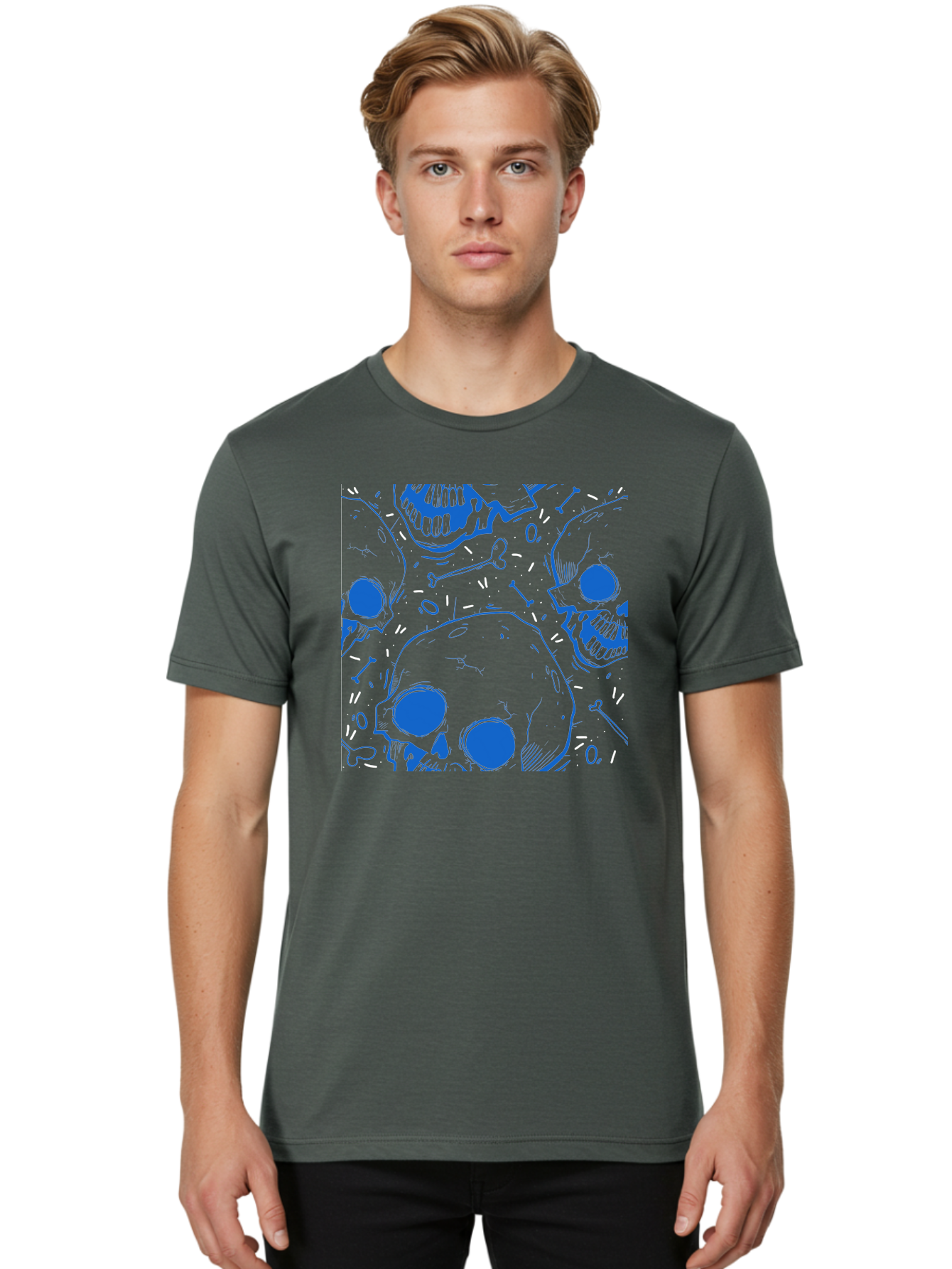 Skulls-And-Bones Men'S Graphic Tee, 100% Cotton, Comfortable Casual Summer Wear, Machine Washable, Skulls, Bones, Seamless Pattern, Gothic Design, Grunge Style, Tattoo Art, Yellow And Blue Hues, Graphic Print, Edgy Aesthetic, Skull Motif Aac421