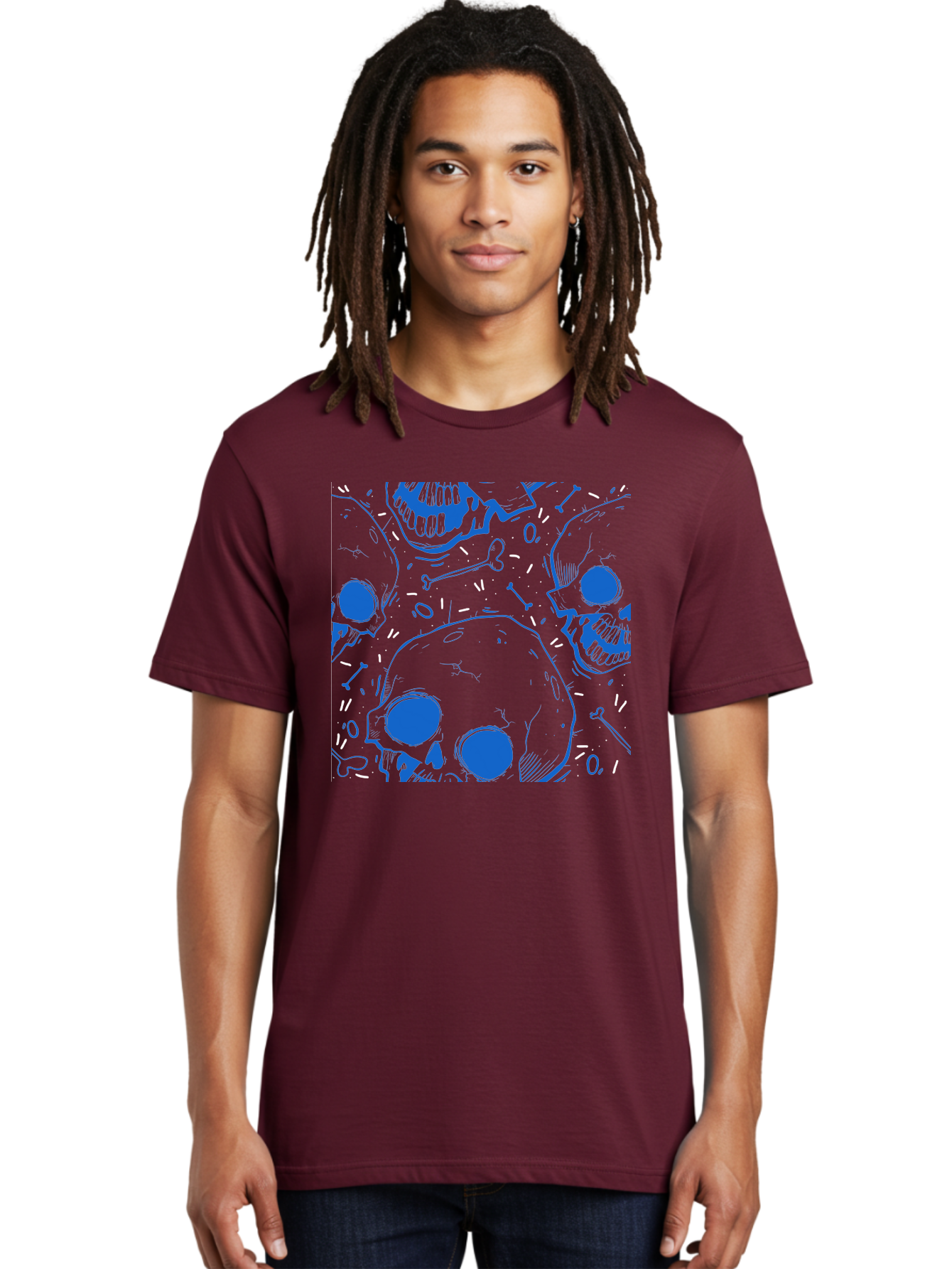 Skulls-And-Bones Men'S Graphic Tee, 100% Cotton, Comfortable Casual Summer Wear, Machine Washable, Skulls, Bones, Seamless Pattern, Gothic Design, Grunge Style, Tattoo Art, Yellow And Blue Hues, Graphic Print, Edgy Aesthetic, Skull Motif Aac421