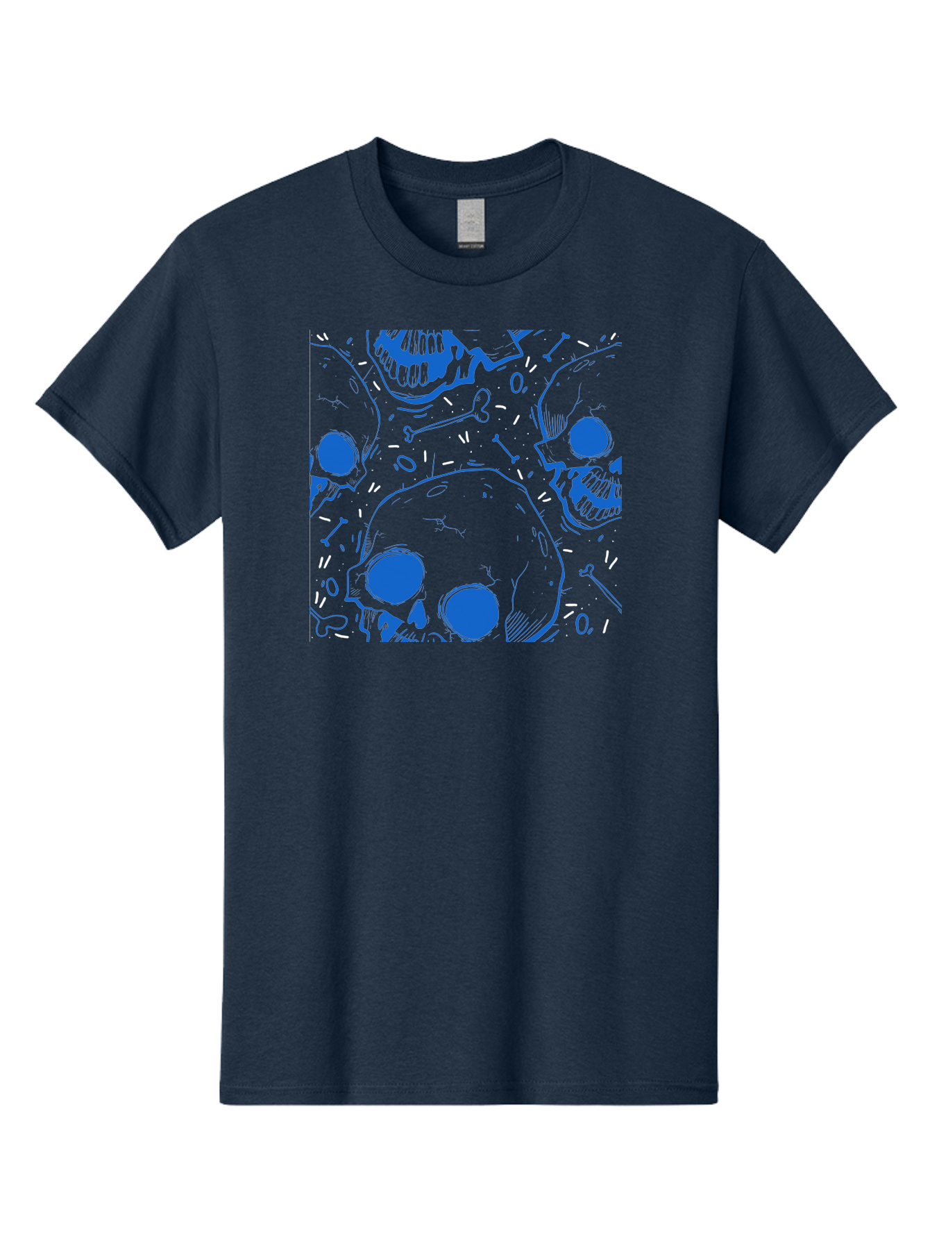 Skulls-And-Bones Men'S Graphic Tee, 100% Cotton, Comfortable Casual Summer Wear, Machine Washable, Skulls, Bones, Seamless Pattern, Gothic Design, Grunge Style, Tattoo Art, Yellow And Blue Hues, Graphic Print, Edgy Aesthetic, Skull Motif Aac421