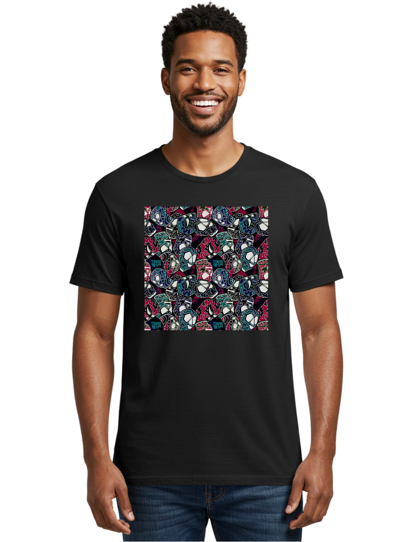 Sugar-Skull-Pattern Men'S Graphic Tee, 100% Cotton, Comfortable Casual Summer Wear, Machine Washable, Sugar Skulls, Colorful Skulls, Day Of The Dead, Mexican Culture, Ornate Designs, Floral Patterns, Vibrant Colors, Festive Atmosphere, Aac422