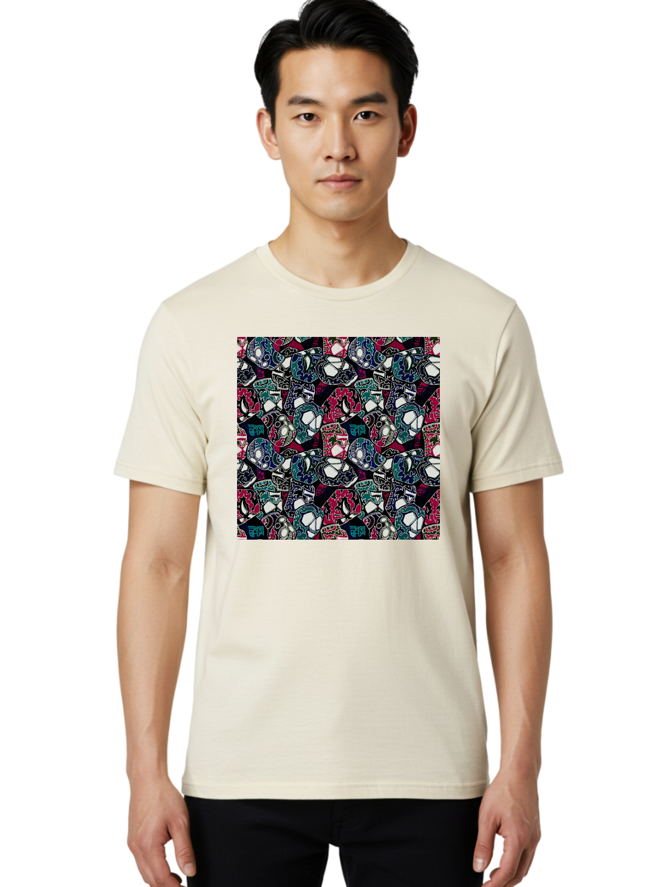 Sugar-Skull-Pattern Men'S Graphic Tee, 100% Cotton, Comfortable Casual Summer Wear, Machine Washable, Sugar Skulls, Colorful Skulls, Day Of The Dead, Mexican Culture, Ornate Designs, Floral Patterns, Vibrant Colors, Festive Atmosphere, Aac422