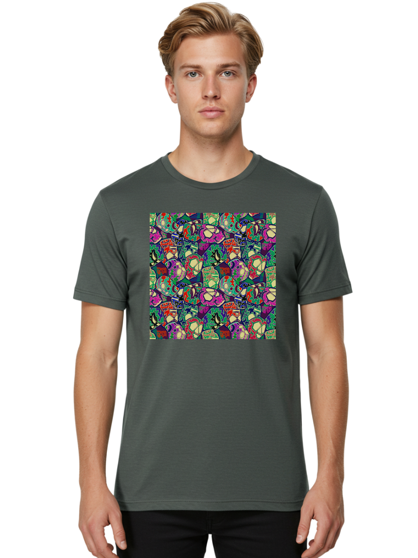 Sugar-Skulls Men'S Graphic Tee, 100% Cotton, Comfortable Casual Summer Wear, Machine Washable, Sugar Skulls, Colorful Designs, Vibrant Patterns, Dia De Los Muertos, Festive Atmosphere, Artistic Expression, Cultural Heritage, Intricate Details, Aac423