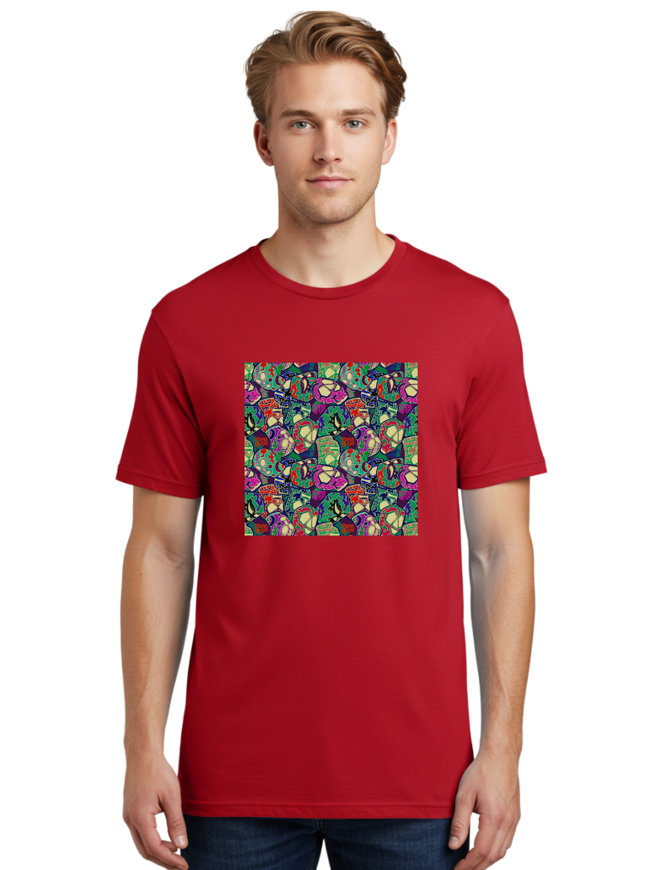 Sugar-Skulls Men'S Graphic Tee, 100% Cotton, Comfortable Casual Summer Wear, Machine Washable, Sugar Skulls, Colorful Designs, Vibrant Patterns, Dia De Los Muertos, Festive Atmosphere, Artistic Expression, Cultural Heritage, Intricate Details, Aac423