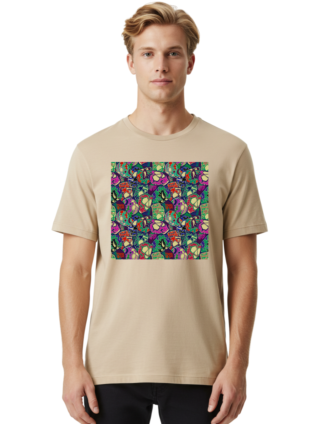 Sugar-Skulls Men'S Graphic Tee, 100% Cotton, Comfortable Casual Summer Wear, Machine Washable, Sugar Skulls, Colorful Designs, Vibrant Patterns, Dia De Los Muertos, Festive Atmosphere, Artistic Expression, Cultural Heritage, Intricate Details, Aac423
