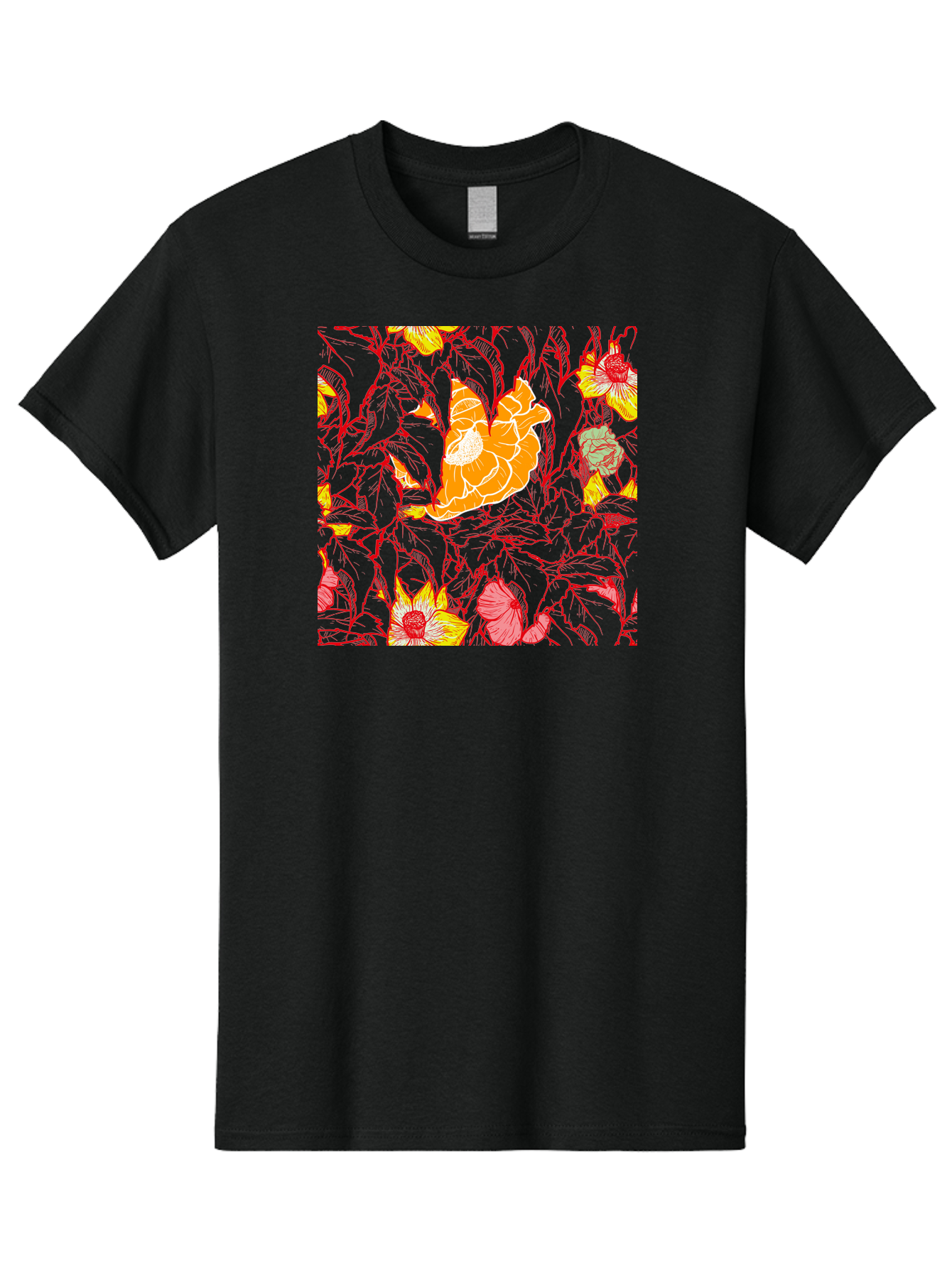 Tangerine-Floral-Pattern Men'S Graphic Tee, 100% Cotton, Comfortable Casual Summer Wear, Machine Washable, Tropical Flowers, Floral Pattern, Vibrant Colors, Orange Flowers, Yellow Flowers, Red Stems, Blue Leaves, Exotic Blooms, Aac424