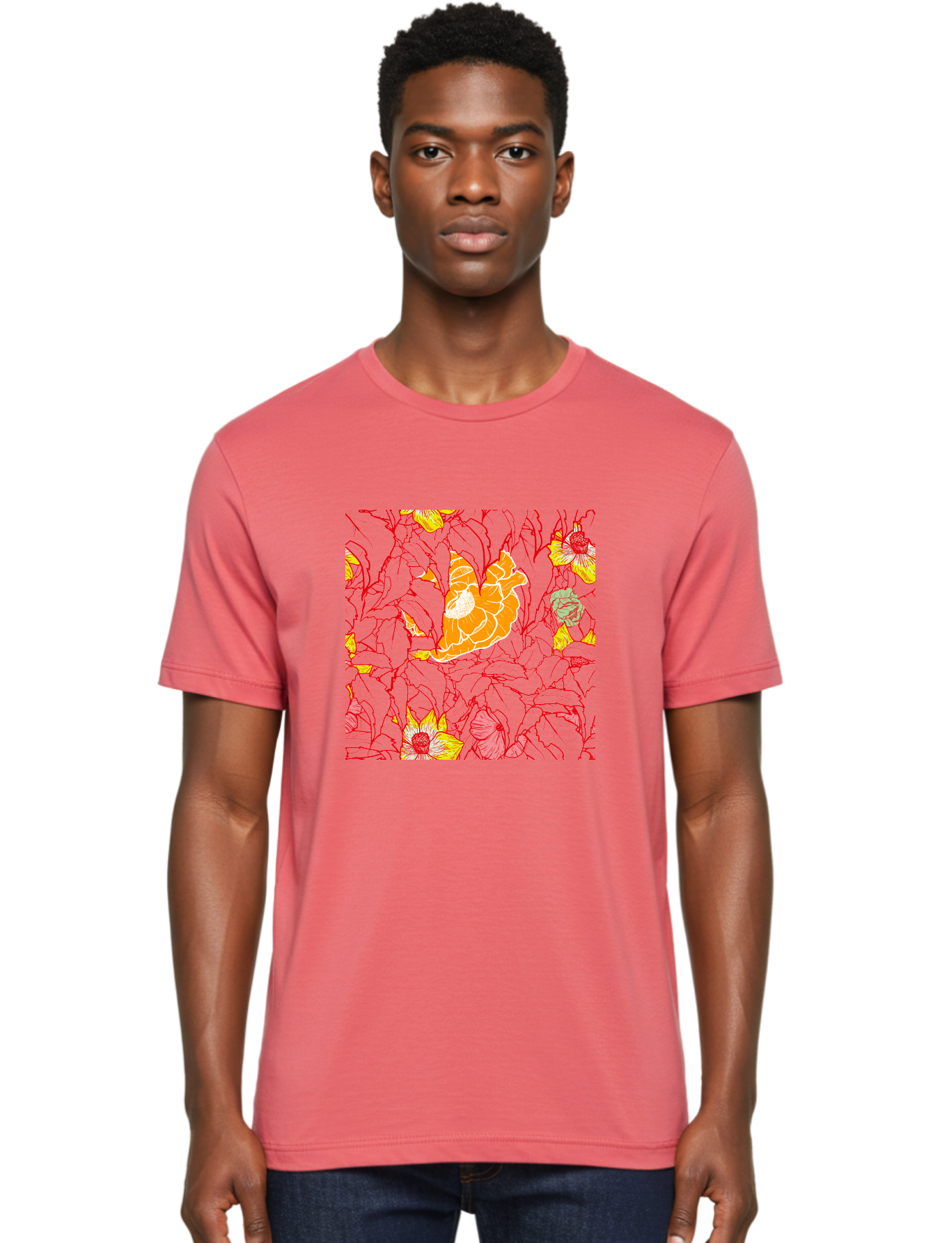 Tangerine-Floral-Pattern Men'S Graphic Tee, 100% Cotton, Comfortable Casual Summer Wear, Machine Washable, Tropical Flowers, Floral Pattern, Vibrant Colors, Orange Flowers, Yellow Flowers, Red Stems, Blue Leaves, Exotic Blooms, Aac424