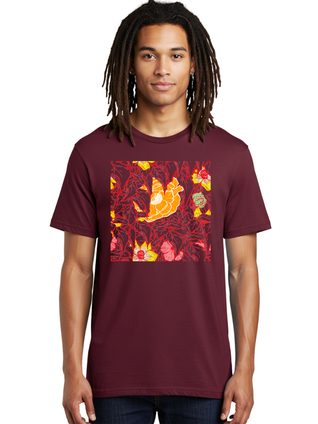 Tangerine-Floral-Pattern Men'S Graphic Tee, 100% Cotton, Comfortable Casual Summer Wear, Machine Washable, Tropical Flowers, Floral Pattern, Vibrant Colors, Orange Flowers, Yellow Flowers, Red Stems, Blue Leaves, Exotic Blooms, Aac424