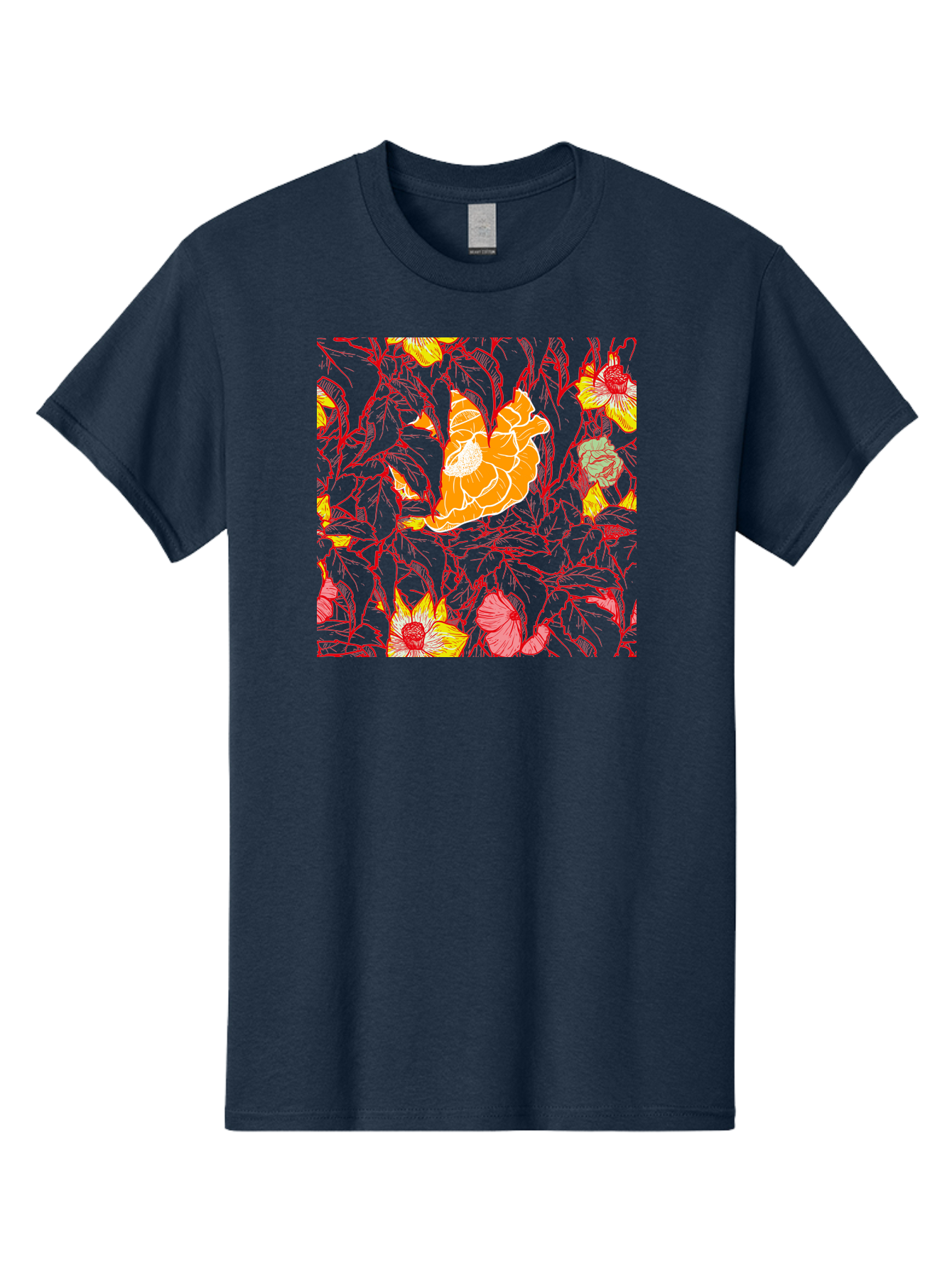 Tangerine-Floral-Pattern Men'S Graphic Tee, 100% Cotton, Comfortable Casual Summer Wear, Machine Washable, Tropical Flowers, Floral Pattern, Vibrant Colors, Orange Flowers, Yellow Flowers, Red Stems, Blue Leaves, Exotic Blooms, Aac424