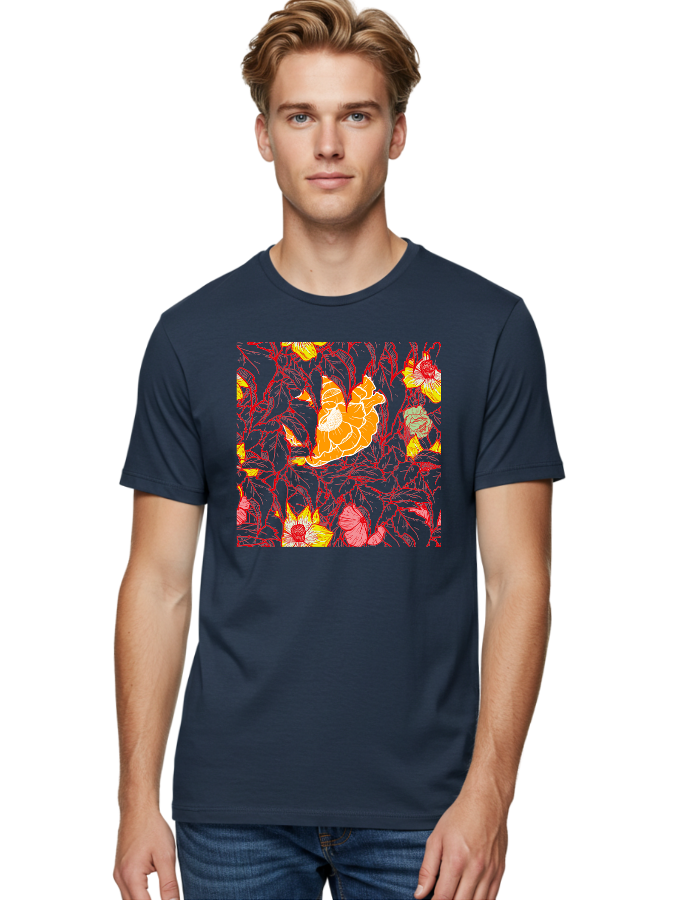 Tangerine-Floral-Pattern Men'S Graphic Tee, 100% Cotton, Comfortable Casual Summer Wear, Machine Washable, Tropical Flowers, Floral Pattern, Vibrant Colors, Orange Flowers, Yellow Flowers, Red Stems, Blue Leaves, Exotic Blooms, Aac424