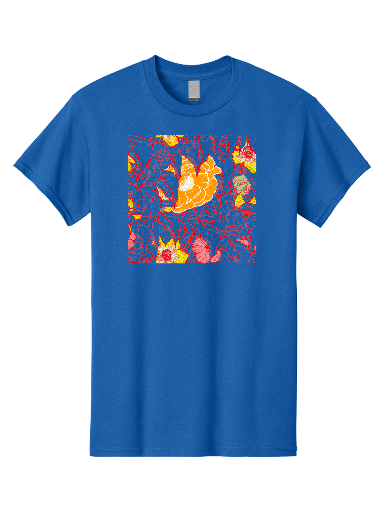 Tangerine-Floral-Pattern Men'S Graphic Tee, 100% Cotton, Comfortable Casual Summer Wear, Machine Washable, Tropical Flowers, Floral Pattern, Vibrant Colors, Orange Flowers, Yellow Flowers, Red Stems, Blue Leaves, Exotic Blooms, Aac424
