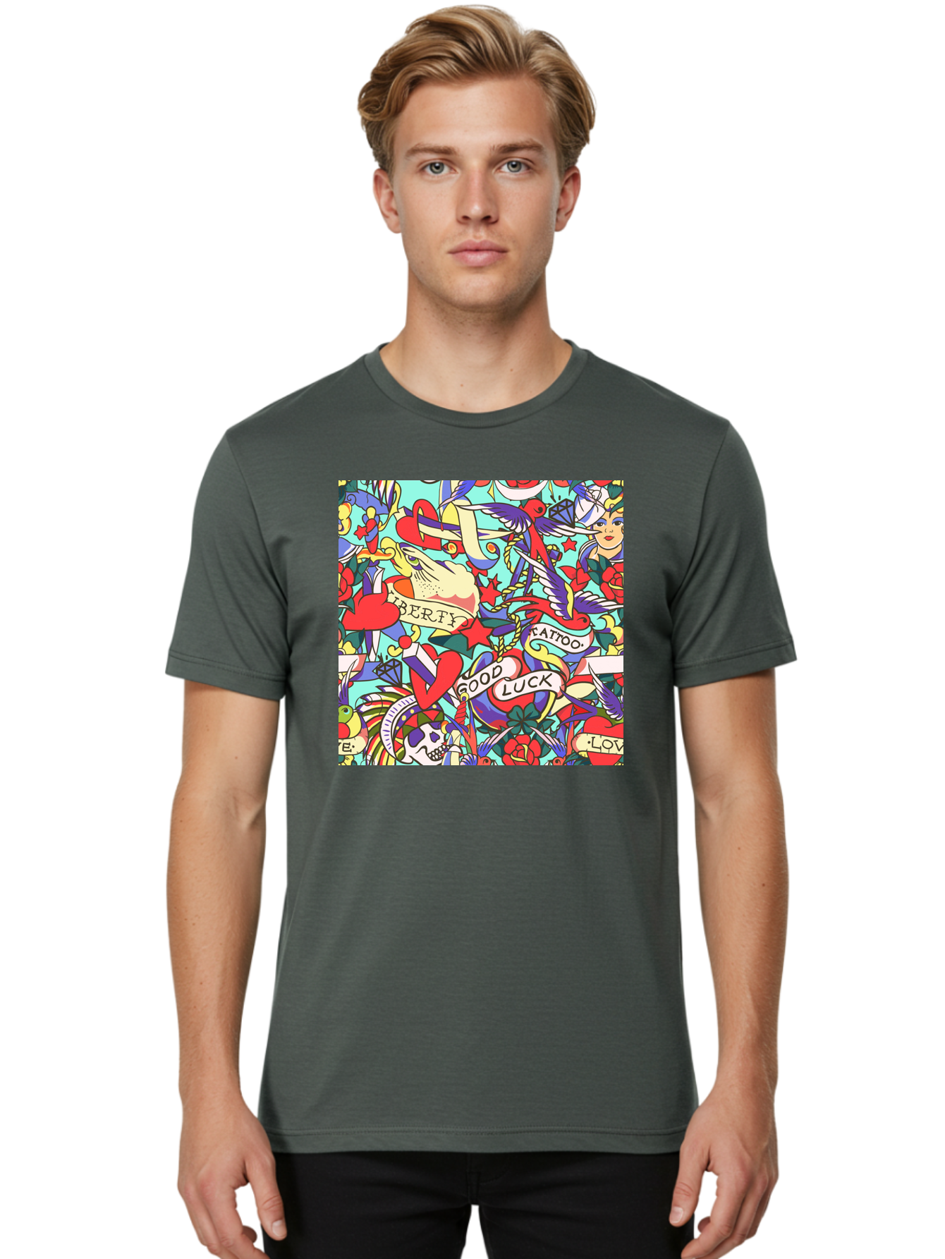 Tattoo-Pattern Men'S Graphic Tee, 100% Cotton, Comfortable Casual Summer Wear, Machine Washable, Vintage Tattoo Designs, Colorful Illustrations, Nautical Symbols, Love Hearts, Doves, Lady Heads, Roses, Skulls, Stars, Feathers, Banners, Aac425