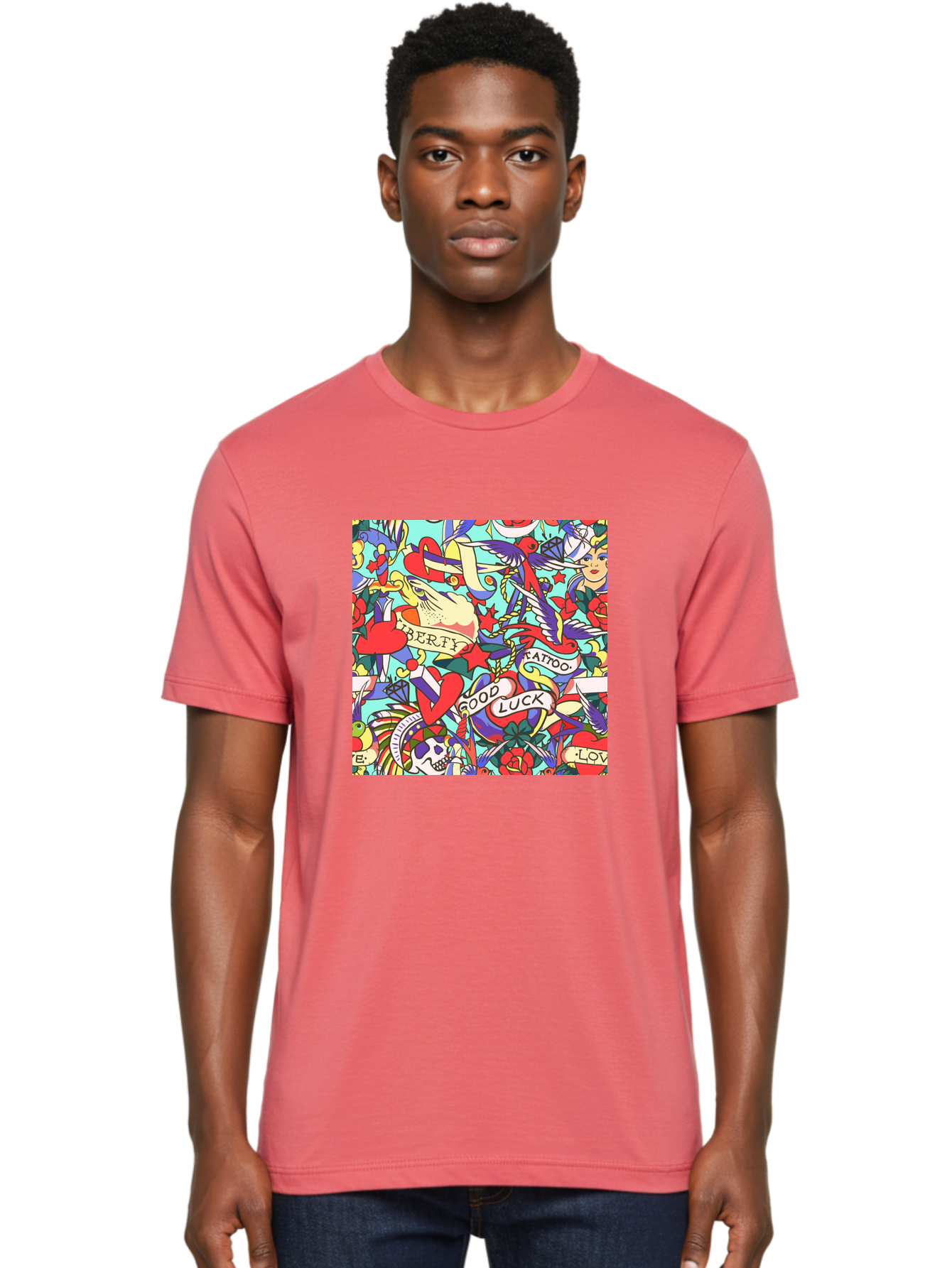 Tattoo-Pattern Men'S Graphic Tee, 100% Cotton, Comfortable Casual Summer Wear, Machine Washable, Vintage Tattoo Designs, Colorful Illustrations, Nautical Symbols, Love Hearts, Doves, Lady Heads, Roses, Skulls, Stars, Feathers, Banners, Aac425