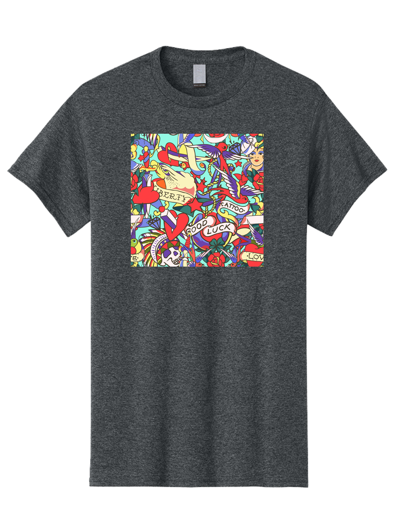 Tattoo-Pattern Men'S Graphic Tee, 100% Cotton, Comfortable Casual Summer Wear, Machine Washable, Vintage Tattoo Designs, Colorful Illustrations, Nautical Symbols, Love Hearts, Doves, Lady Heads, Roses, Skulls, Stars, Feathers, Banners, Aac425