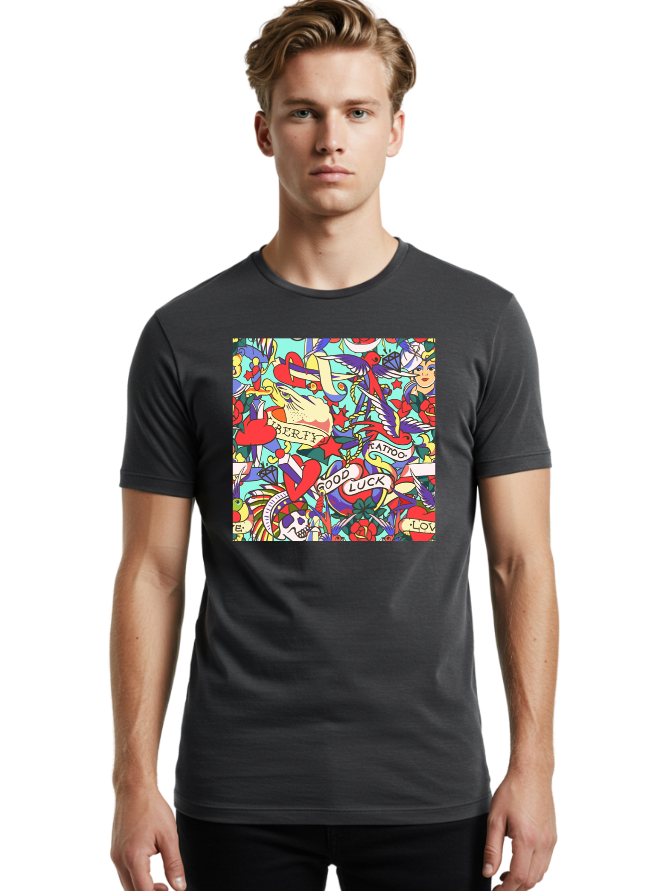 Tattoo-Pattern Men'S Graphic Tee, 100% Cotton, Comfortable Casual Summer Wear, Machine Washable, Vintage Tattoo Designs, Colorful Illustrations, Nautical Symbols, Love Hearts, Doves, Lady Heads, Roses, Skulls, Stars, Feathers, Banners, Aac425