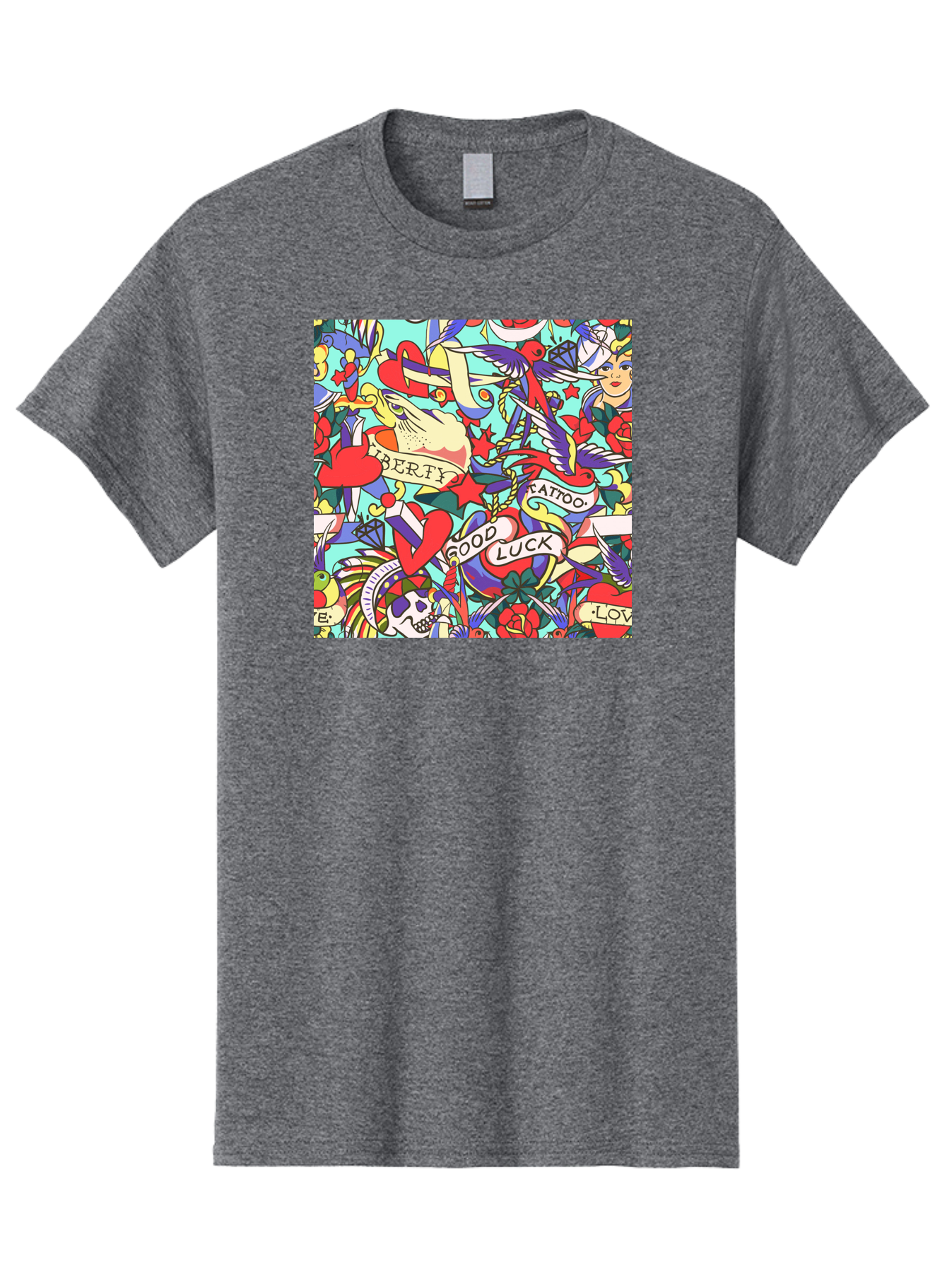 Tattoo-Pattern Men'S Graphic Tee, 100% Cotton, Comfortable Casual Summer Wear, Machine Washable, Vintage Tattoo Designs, Colorful Illustrations, Nautical Symbols, Love Hearts, Doves, Lady Heads, Roses, Skulls, Stars, Feathers, Banners, Aac425