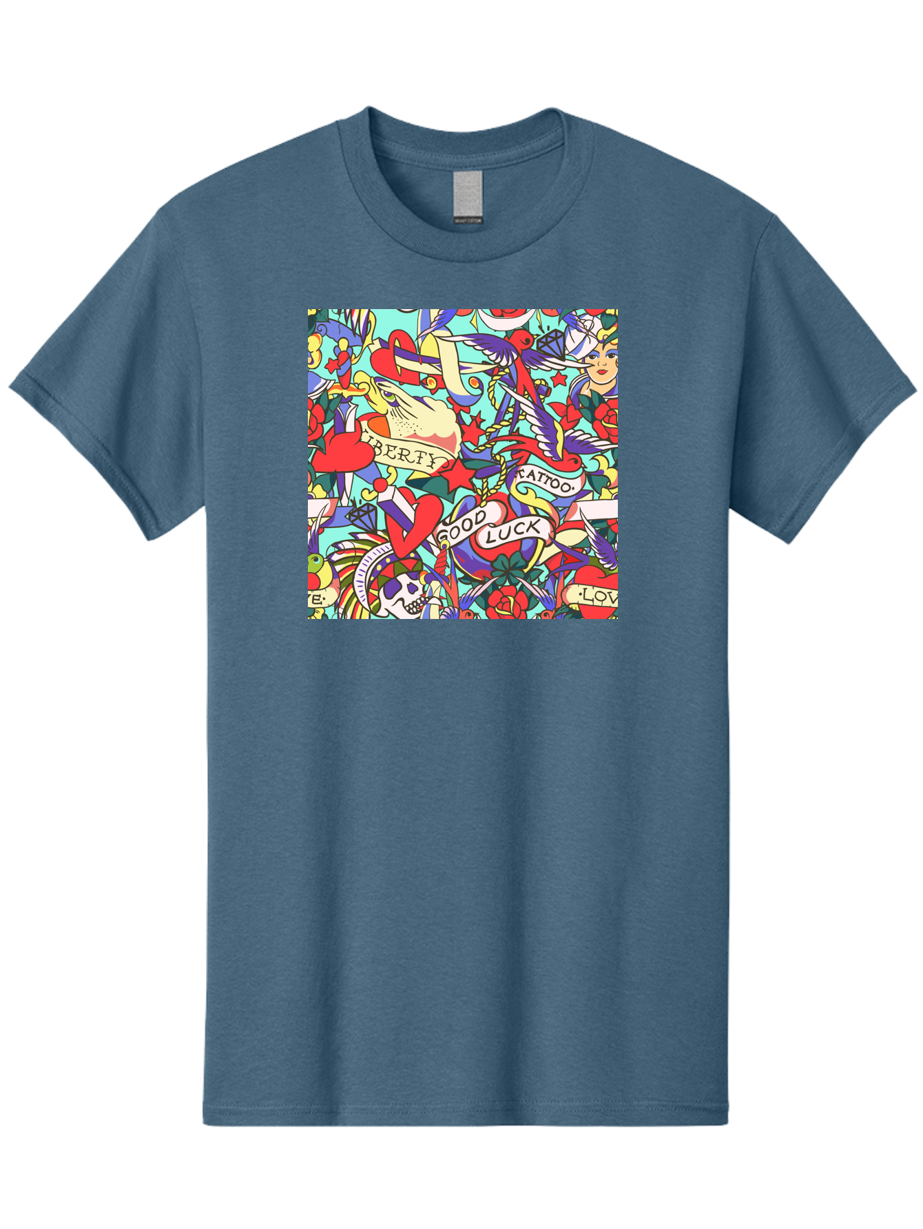 Tattoo-Pattern Men'S Graphic Tee, 100% Cotton, Comfortable Casual Summer Wear, Machine Washable, Vintage Tattoo Designs, Colorful Illustrations, Nautical Symbols, Love Hearts, Doves, Lady Heads, Roses, Skulls, Stars, Feathers, Banners, Aac425