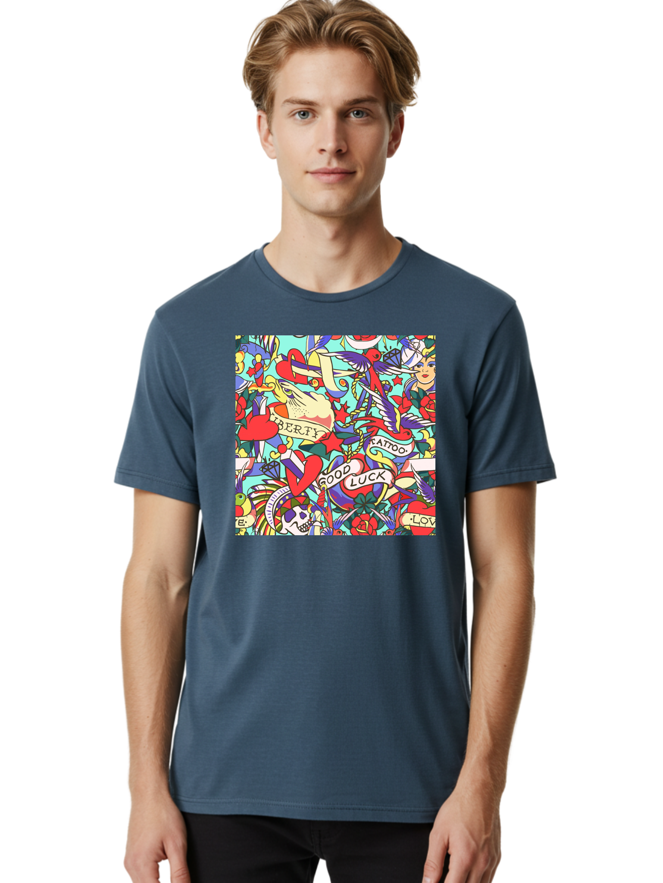 Tattoo-Pattern Men'S Graphic Tee, 100% Cotton, Comfortable Casual Summer Wear, Machine Washable, Vintage Tattoo Designs, Colorful Illustrations, Nautical Symbols, Love Hearts, Doves, Lady Heads, Roses, Skulls, Stars, Feathers, Banners, Aac425