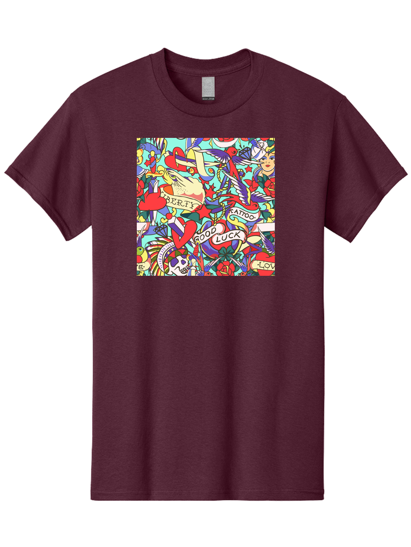 Tattoo-Pattern Men'S Graphic Tee, 100% Cotton, Comfortable Casual Summer Wear, Machine Washable, Vintage Tattoo Designs, Colorful Illustrations, Nautical Symbols, Love Hearts, Doves, Lady Heads, Roses, Skulls, Stars, Feathers, Banners, Aac425