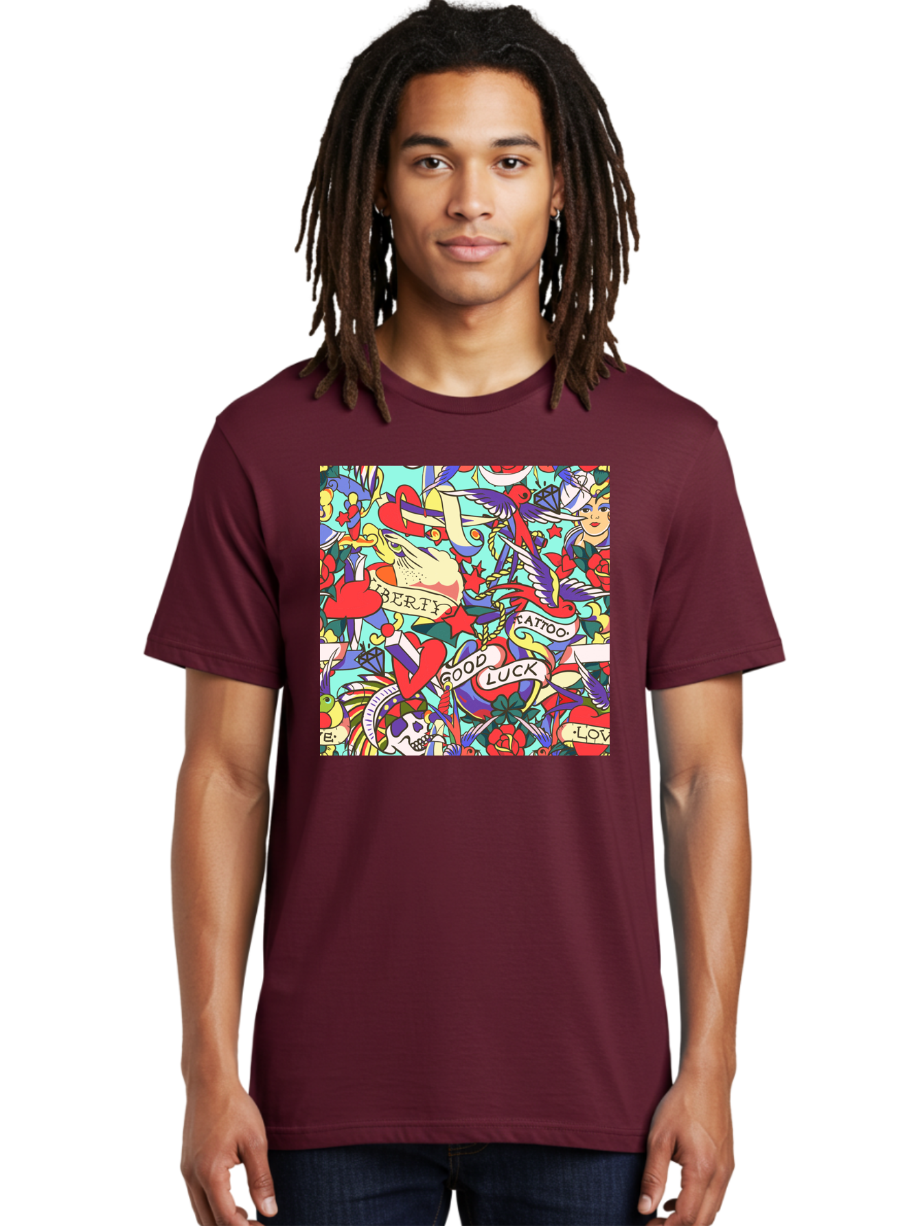 Tattoo-Pattern Men'S Graphic Tee, 100% Cotton, Comfortable Casual Summer Wear, Machine Washable, Vintage Tattoo Designs, Colorful Illustrations, Nautical Symbols, Love Hearts, Doves, Lady Heads, Roses, Skulls, Stars, Feathers, Banners, Aac425