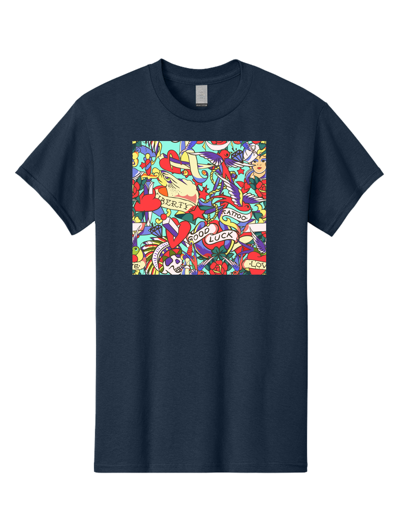 Tattoo-Pattern Men'S Graphic Tee, 100% Cotton, Comfortable Casual Summer Wear, Machine Washable, Vintage Tattoo Designs, Colorful Illustrations, Nautical Symbols, Love Hearts, Doves, Lady Heads, Roses, Skulls, Stars, Feathers, Banners, Aac425