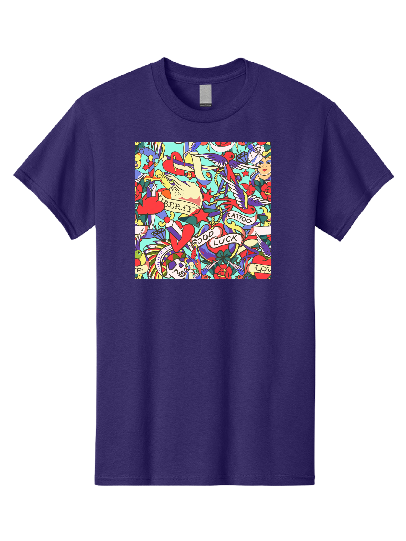 Tattoo-Pattern Men'S Graphic Tee, 100% Cotton, Comfortable Casual Summer Wear, Machine Washable, Vintage Tattoo Designs, Colorful Illustrations, Nautical Symbols, Love Hearts, Doves, Lady Heads, Roses, Skulls, Stars, Feathers, Banners, Aac425