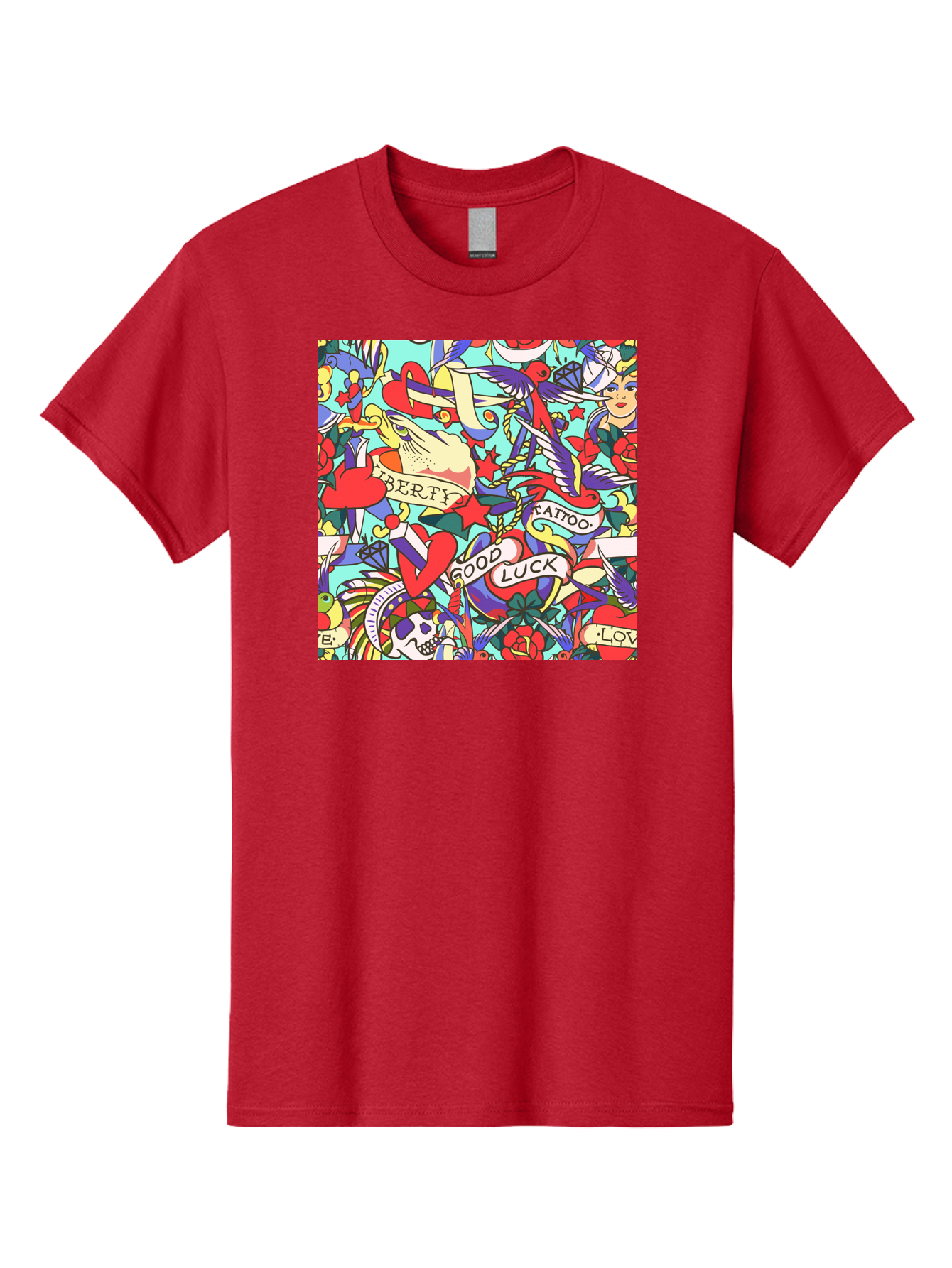 Tattoo-Pattern Men'S Graphic Tee, 100% Cotton, Comfortable Casual Summer Wear, Machine Washable, Vintage Tattoo Designs, Colorful Illustrations, Nautical Symbols, Love Hearts, Doves, Lady Heads, Roses, Skulls, Stars, Feathers, Banners, Aac425