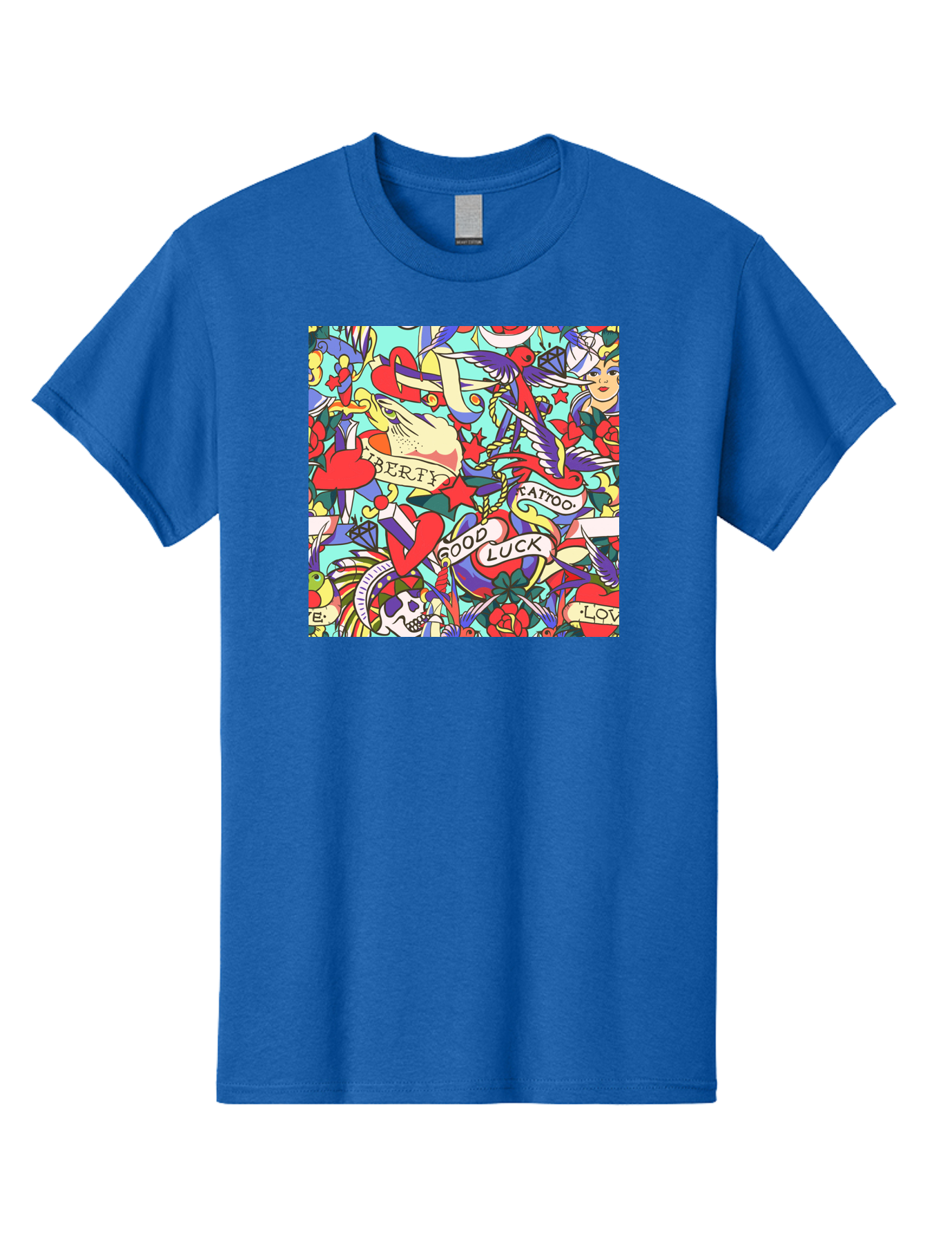 Tattoo-Pattern Men'S Graphic Tee, 100% Cotton, Comfortable Casual Summer Wear, Machine Washable, Vintage Tattoo Designs, Colorful Illustrations, Nautical Symbols, Love Hearts, Doves, Lady Heads, Roses, Skulls, Stars, Feathers, Banners, Aac425
