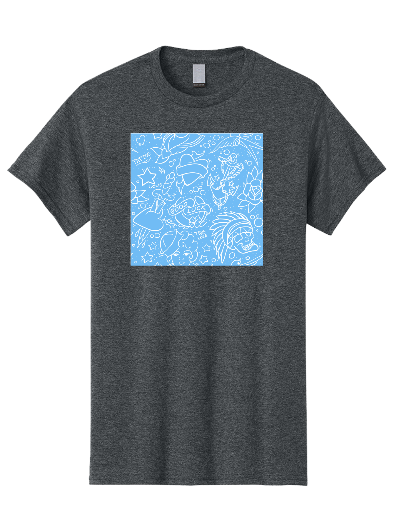 Tattoo Men'S Graphic Tee, 100% Cotton, Comfortable Casual Summer Wear, Machine Washable, Tattoo Designs, Skull Illustrations, Floral Motifs, Star Patterns, Banner Graphics, Ribbon Elements, Whimsical Doodles, Symbolic Imagery, Body Art Aac426