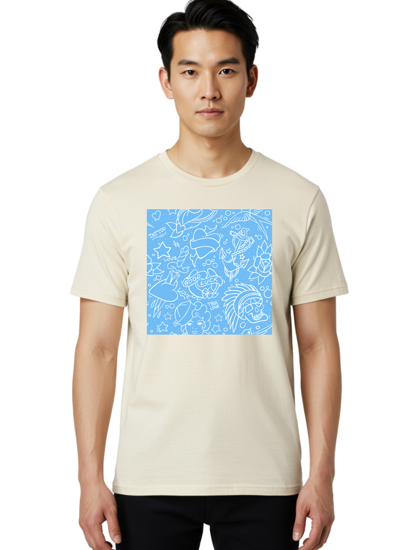 Tattoo Men'S Graphic Tee, 100% Cotton, Comfortable Casual Summer Wear, Machine Washable, Tattoo Designs, Skull Illustrations, Floral Motifs, Star Patterns, Banner Graphics, Ribbon Elements, Whimsical Doodles, Symbolic Imagery, Body Art Aac426