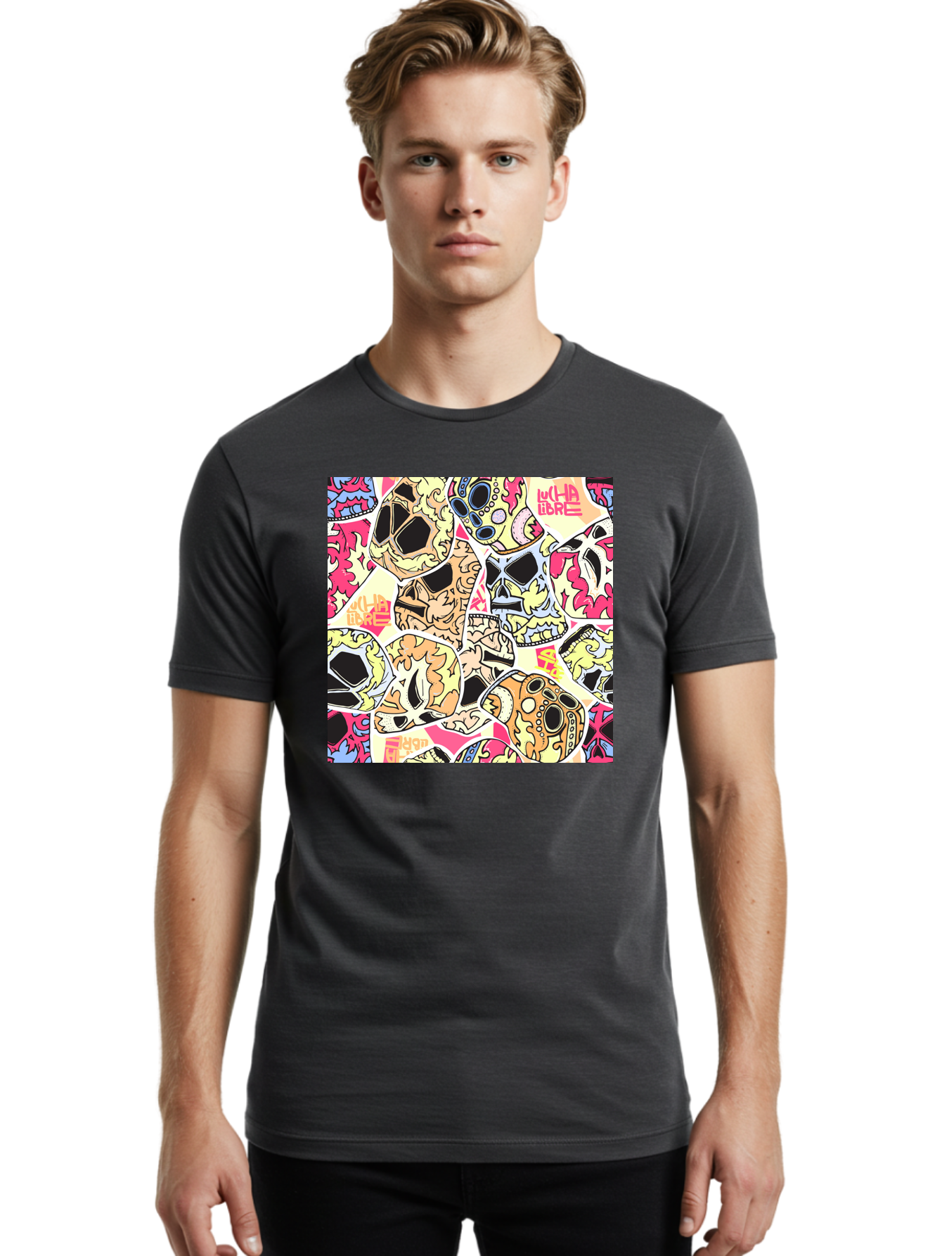 Wha-Libre Men'S Graphic Tee, 100% Cotton, Comfortable Casual Summer Wear, Machine Washable, Colorful Skulls, Sugar Skulls, Day Of The Dead, Vibrant Art, Wha Libre, Tattoo-Inspired Design, Street Art Style, Graphic Illustration, Ornate Details, Aac428