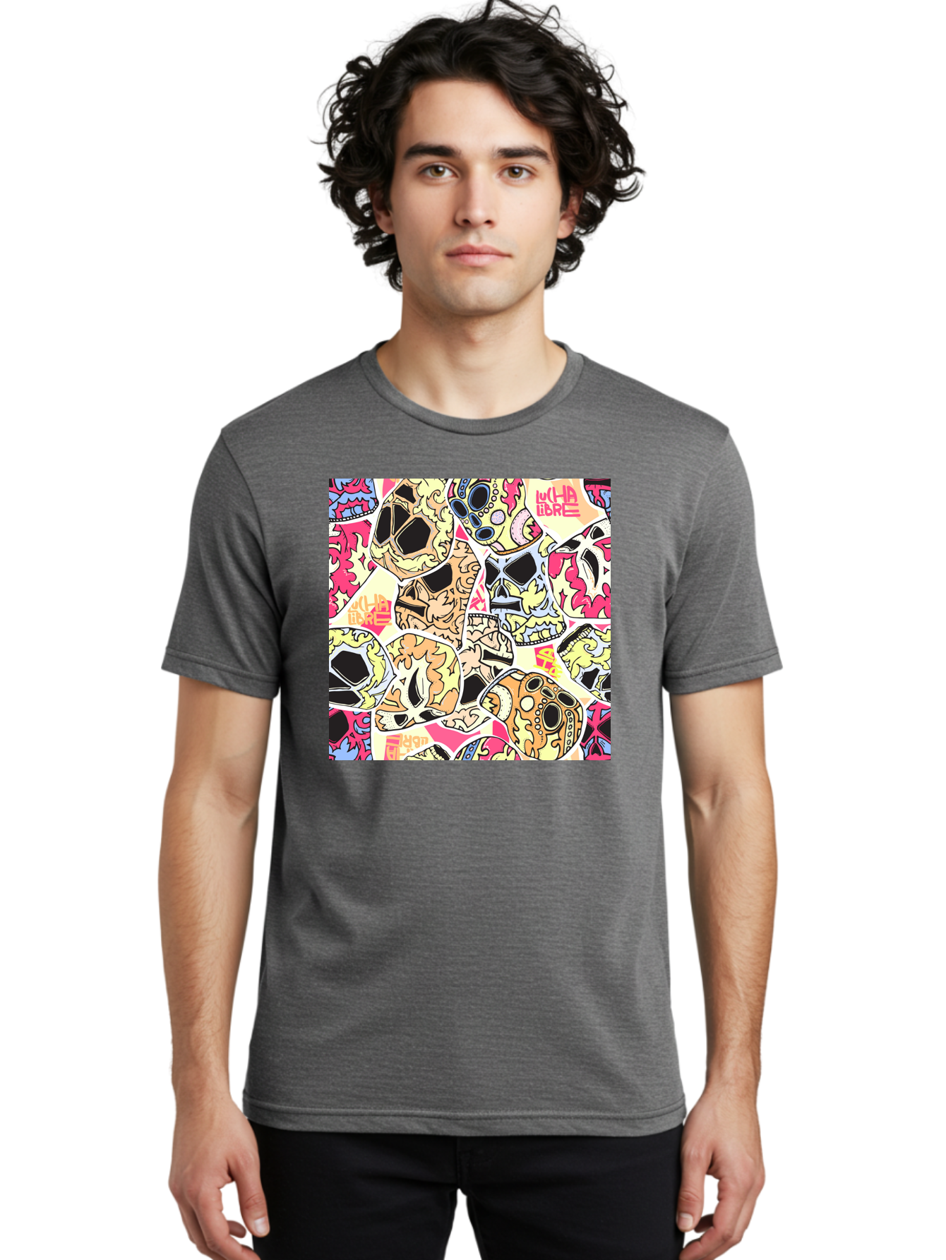 Wha-Libre Men'S Graphic Tee, 100% Cotton, Comfortable Casual Summer Wear, Machine Washable, Colorful Skulls, Sugar Skulls, Day Of The Dead, Vibrant Art, Wha Libre, Tattoo-Inspired Design, Street Art Style, Graphic Illustration, Ornate Details, Aac428