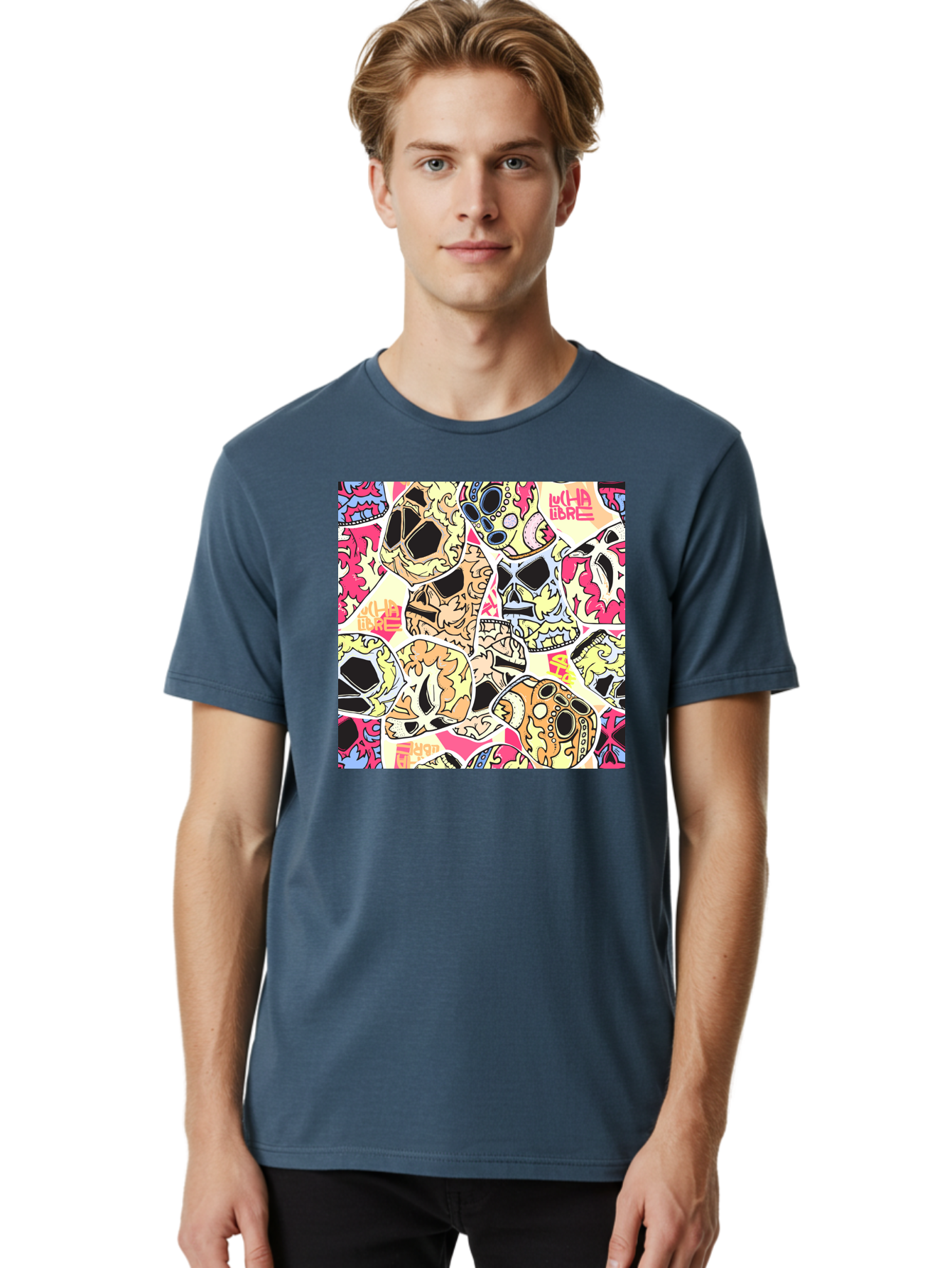 Wha-Libre Men'S Graphic Tee, 100% Cotton, Comfortable Casual Summer Wear, Machine Washable, Colorful Skulls, Sugar Skulls, Day Of The Dead, Vibrant Art, Wha Libre, Tattoo-Inspired Design, Street Art Style, Graphic Illustration, Ornate Details, Aac428