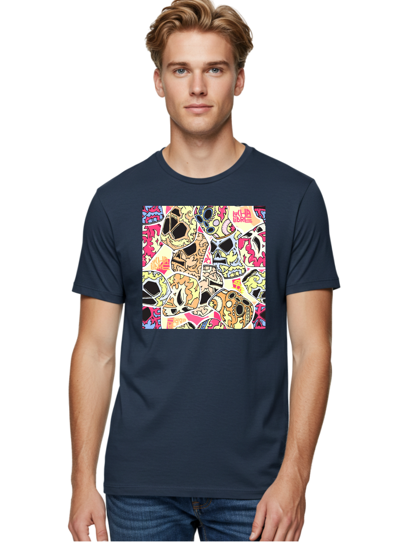 Wha-Libre Men'S Graphic Tee, 100% Cotton, Comfortable Casual Summer Wear, Machine Washable, Colorful Skulls, Sugar Skulls, Day Of The Dead, Vibrant Art, Wha Libre, Tattoo-Inspired Design, Street Art Style, Graphic Illustration, Ornate Details, Aac428