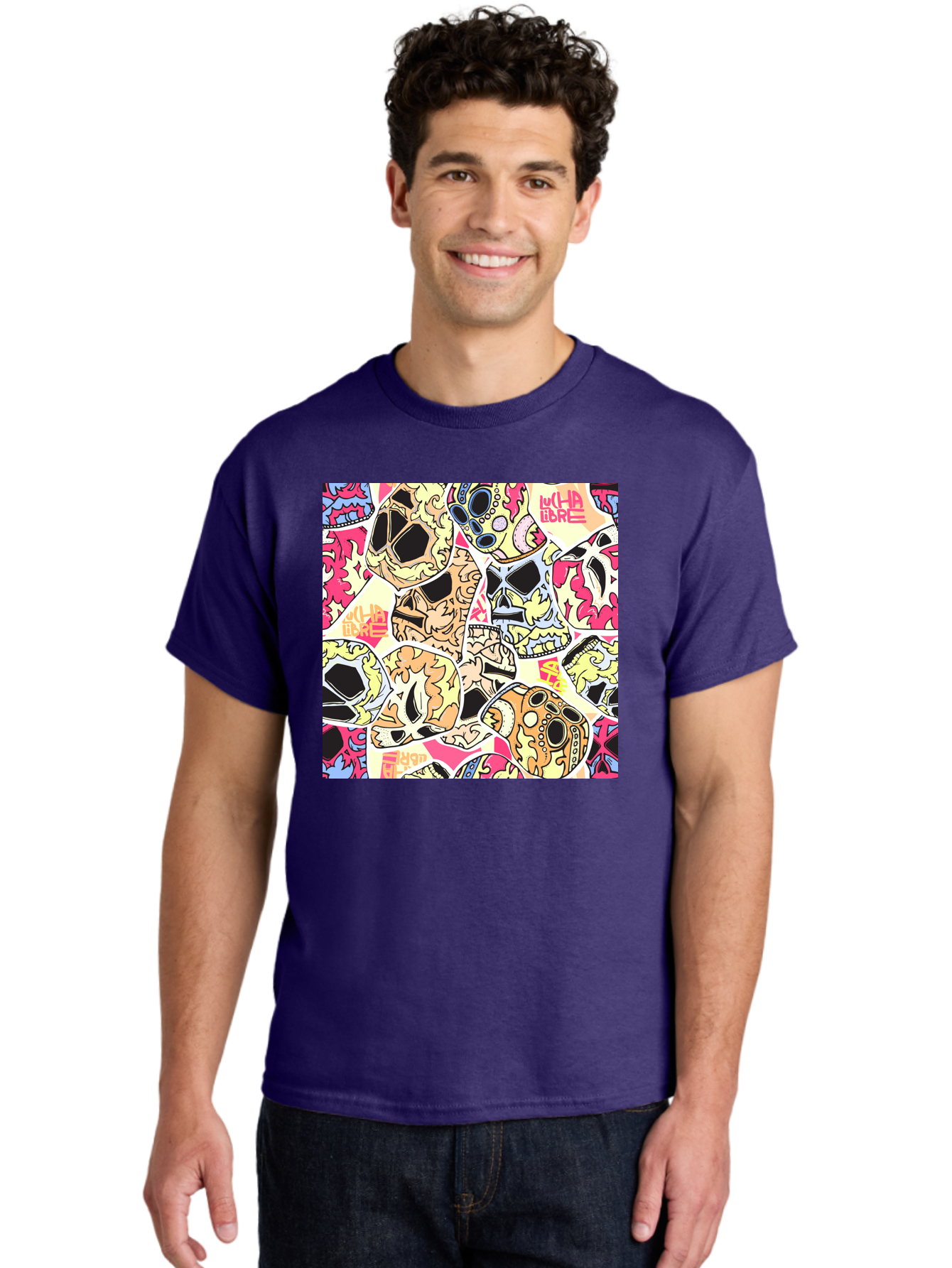 Wha-Libre Men'S Graphic Tee, 100% Cotton, Comfortable Casual Summer Wear, Machine Washable, Colorful Skulls, Sugar Skulls, Day Of The Dead, Vibrant Art, Wha Libre, Tattoo-Inspired Design, Street Art Style, Graphic Illustration, Ornate Details, Aac428