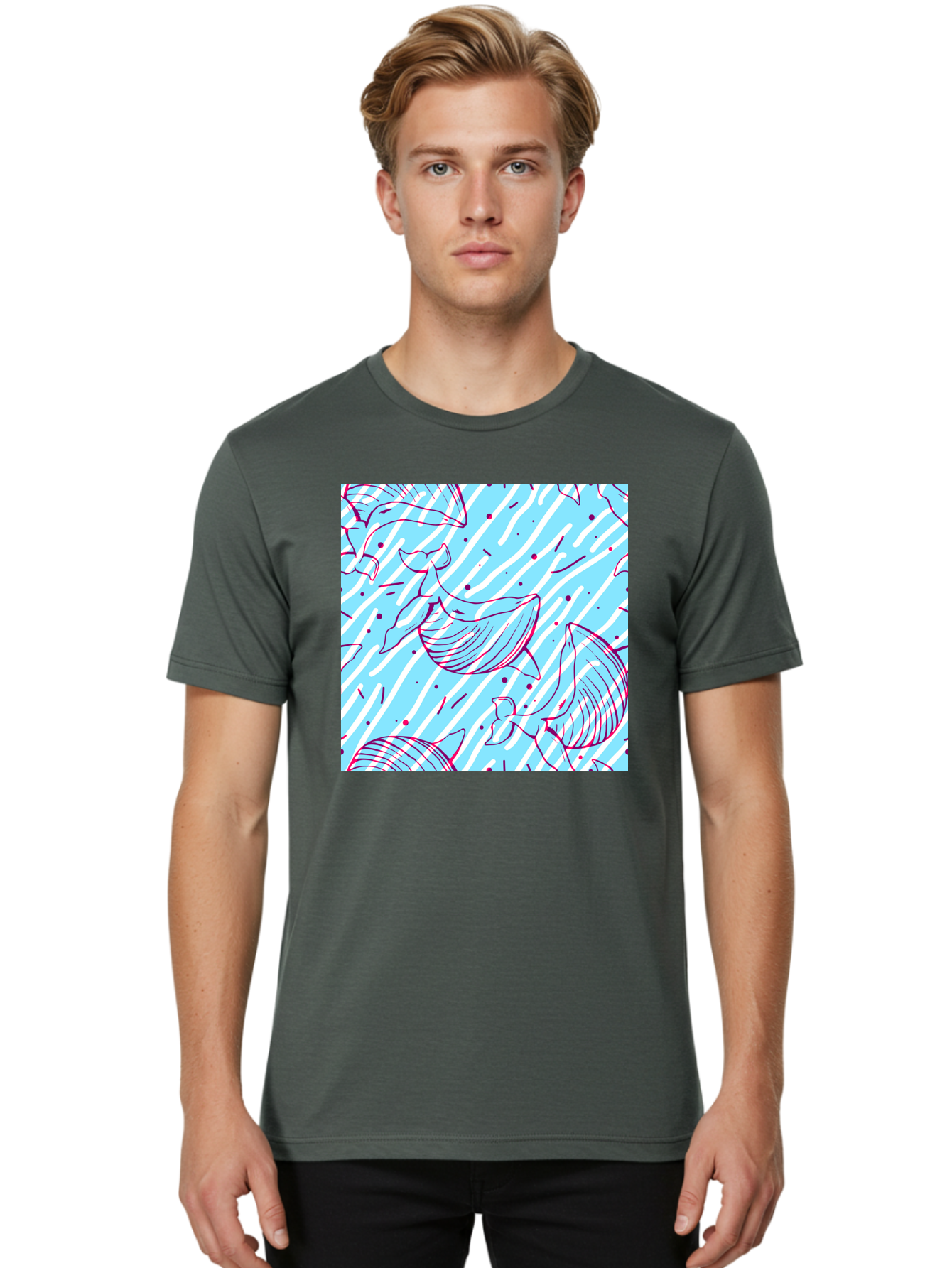 Whales-Pattern Men'S Graphic Tee, 100% Cotton, Comfortable Casual Summer Wear, Machine Washable, Whales, Abstract Pattern, Ocean Animals, Marine Life, Whimsical Design, Wavy Lines, Pink And Blue Hues, Dynamic Graphics, Playful Artwork, Aac429