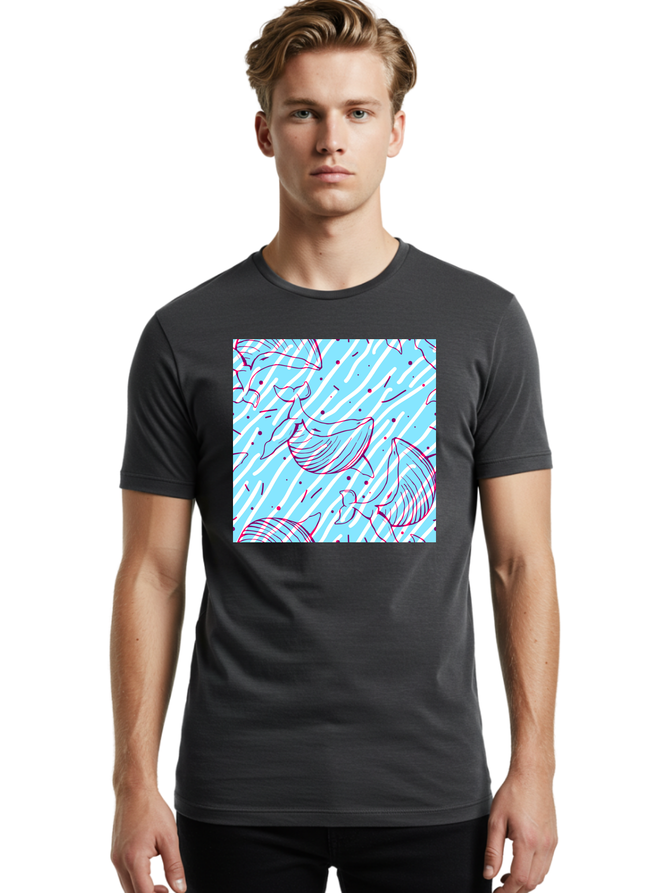 Whales-Pattern Men'S Graphic Tee, 100% Cotton, Comfortable Casual Summer Wear, Machine Washable, Whales, Abstract Pattern, Ocean Animals, Marine Life, Whimsical Design, Wavy Lines, Pink And Blue Hues, Dynamic Graphics, Playful Artwork, Aac429