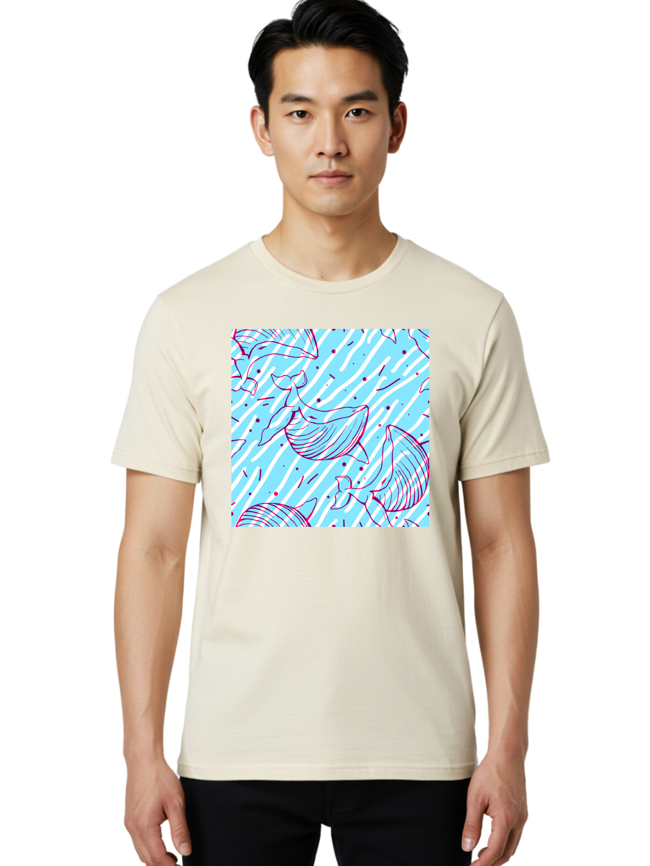 Whales-Pattern Men'S Graphic Tee, 100% Cotton, Comfortable Casual Summer Wear, Machine Washable, Whales, Abstract Pattern, Ocean Animals, Marine Life, Whimsical Design, Wavy Lines, Pink And Blue Hues, Dynamic Graphics, Playful Artwork, Aac429