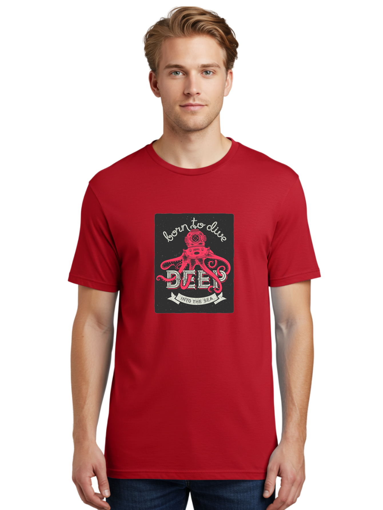 Born-To-Dive-2 Men'S Graphic Tee, 100% Cotton, Comfortable Casual Summer Wear, Machine Washable, Scuba Diver, Octopus, Underwater Adventure, Deep Sea, Diving Passion, Ocean Exploration, Sea Creatures, Nautical Art, Vintage Design Aac431