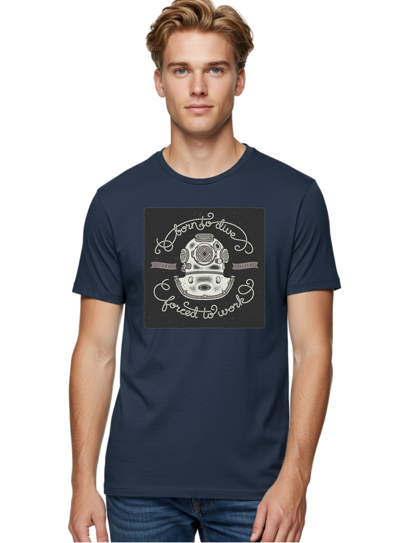 Born-To-Dive-3 Men'S Graphic Tee, 100% Cotton, Comfortable Casual Summer Wear, Machine Washable, Scuba Diver, Diving Helmet, Underwater Exploration, Ocean Adventure, Vintage Diving Gear, Motivational Quote, Typography Art, Nautical Theme, Aac432
