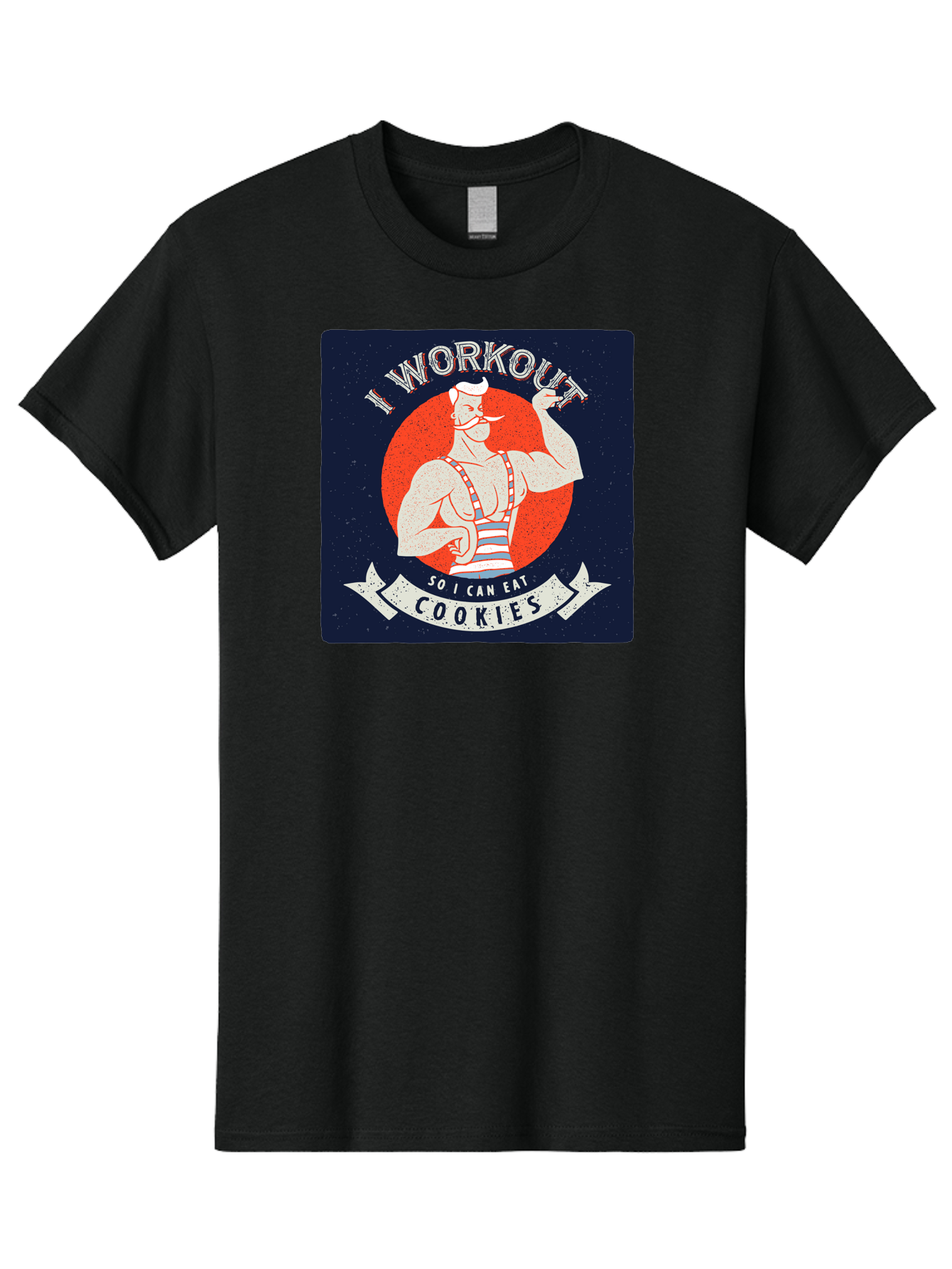 Cookie-Lover-Workout Men'S Graphic Tee, 100% Cotton, Comfortable Casual Summer Wear, Machine Washable, Funny Fitness Quote, Workout Humor, Cookie Lover, Vintage Style Illustration, Muscular Man, Handlebar Mustache, Retro Graphic Design, Aac434