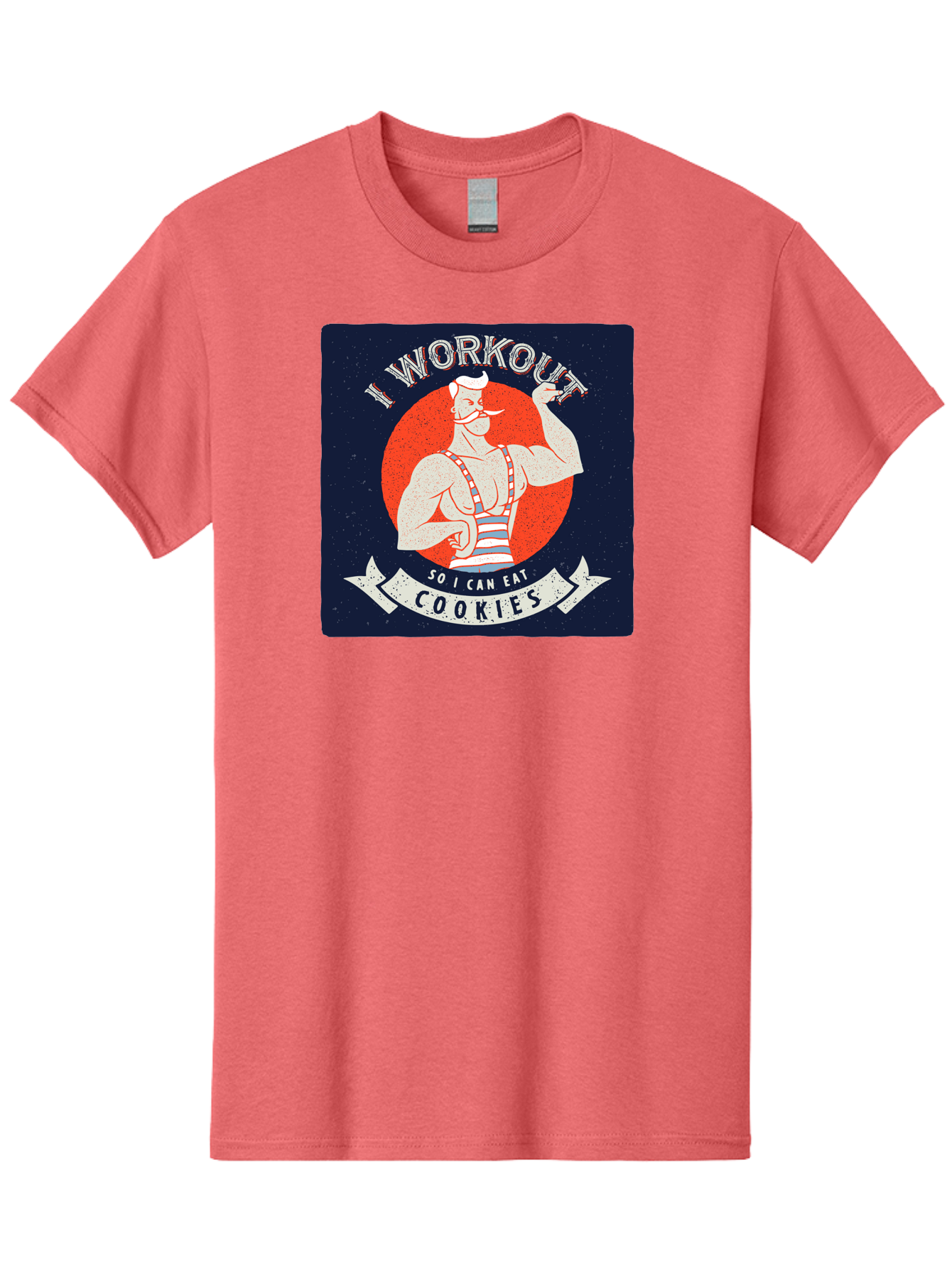 Cookie-Lover-Workout Men'S Graphic Tee, 100% Cotton, Comfortable Casual Summer Wear, Machine Washable, Funny Fitness Quote, Workout Humor, Cookie Lover, Vintage Style Illustration, Muscular Man, Handlebar Mustache, Retro Graphic Design, Aac434