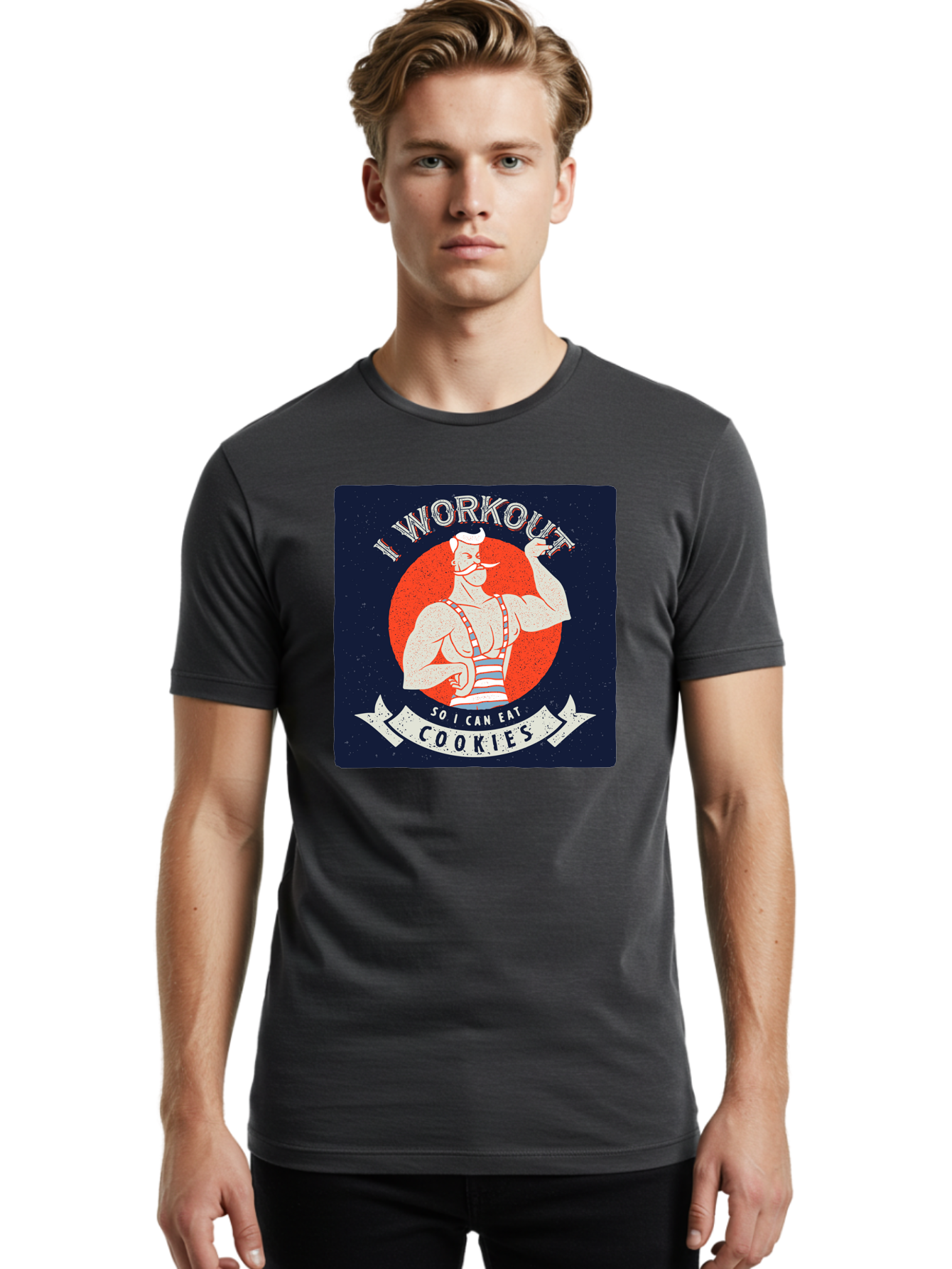Cookie-Lover-Workout Men'S Graphic Tee, 100% Cotton, Comfortable Casual Summer Wear, Machine Washable, Funny Fitness Quote, Workout Humor, Cookie Lover, Vintage Style Illustration, Muscular Man, Handlebar Mustache, Retro Graphic Design, Aac434