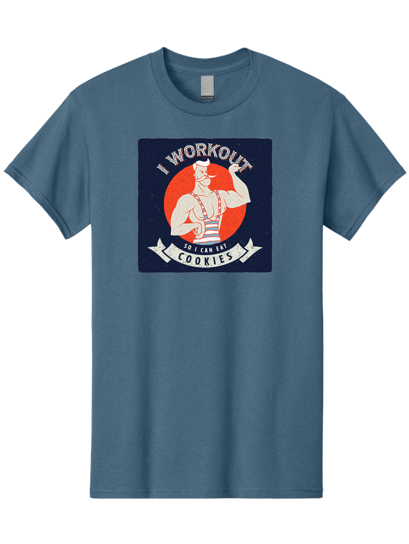 Cookie-Lover-Workout Men'S Graphic Tee, 100% Cotton, Comfortable Casual Summer Wear, Machine Washable, Funny Fitness Quote, Workout Humor, Cookie Lover, Vintage Style Illustration, Muscular Man, Handlebar Mustache, Retro Graphic Design, Aac434